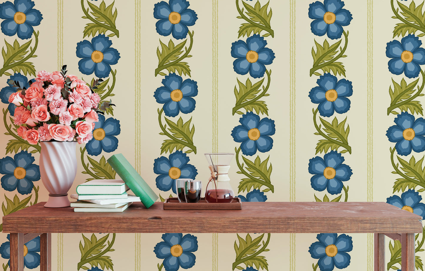 Stylish blue floral stripe wallpaper for a chic and modern vibe.
