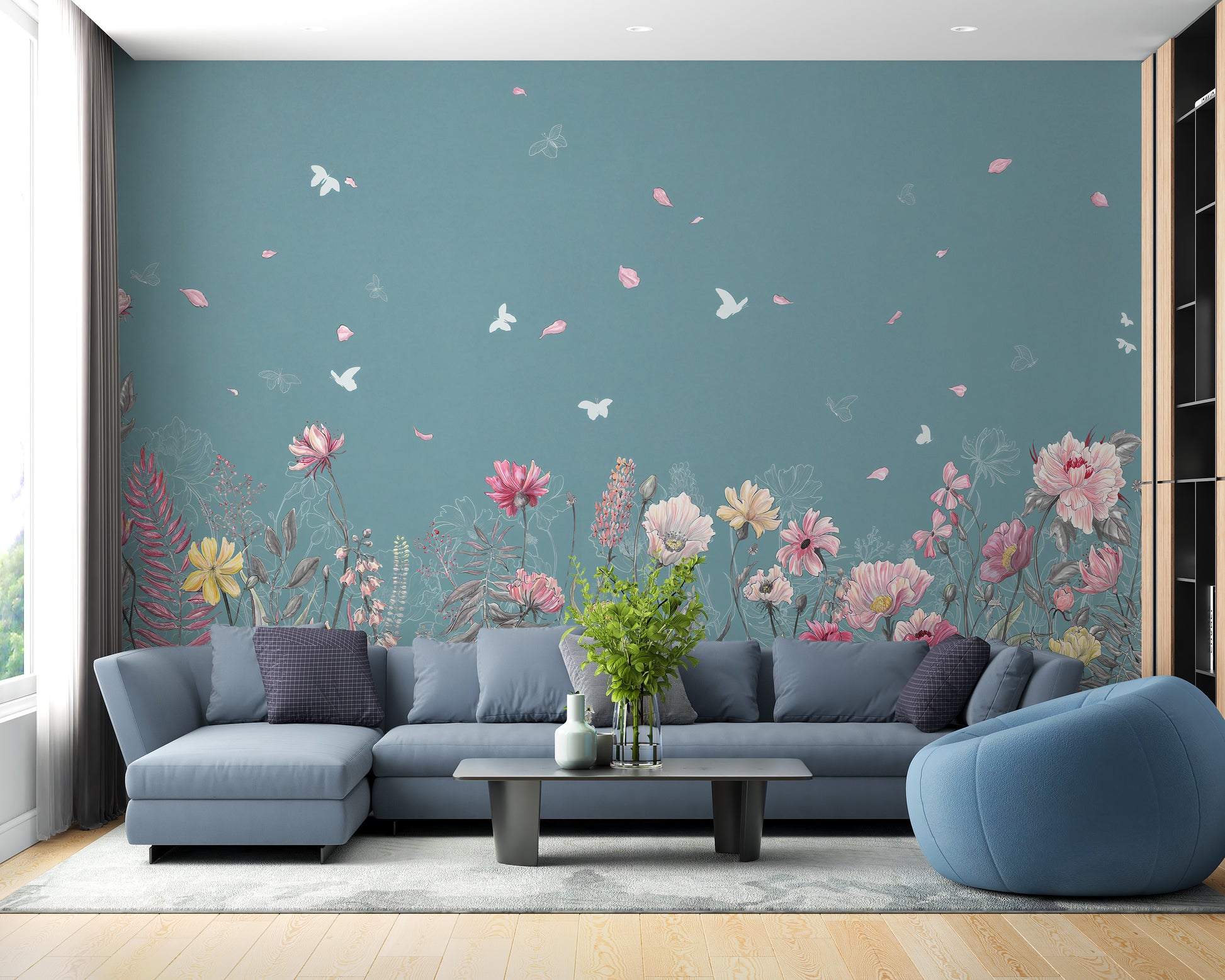 Vibrant flower and butterfly garden wallpaper murals