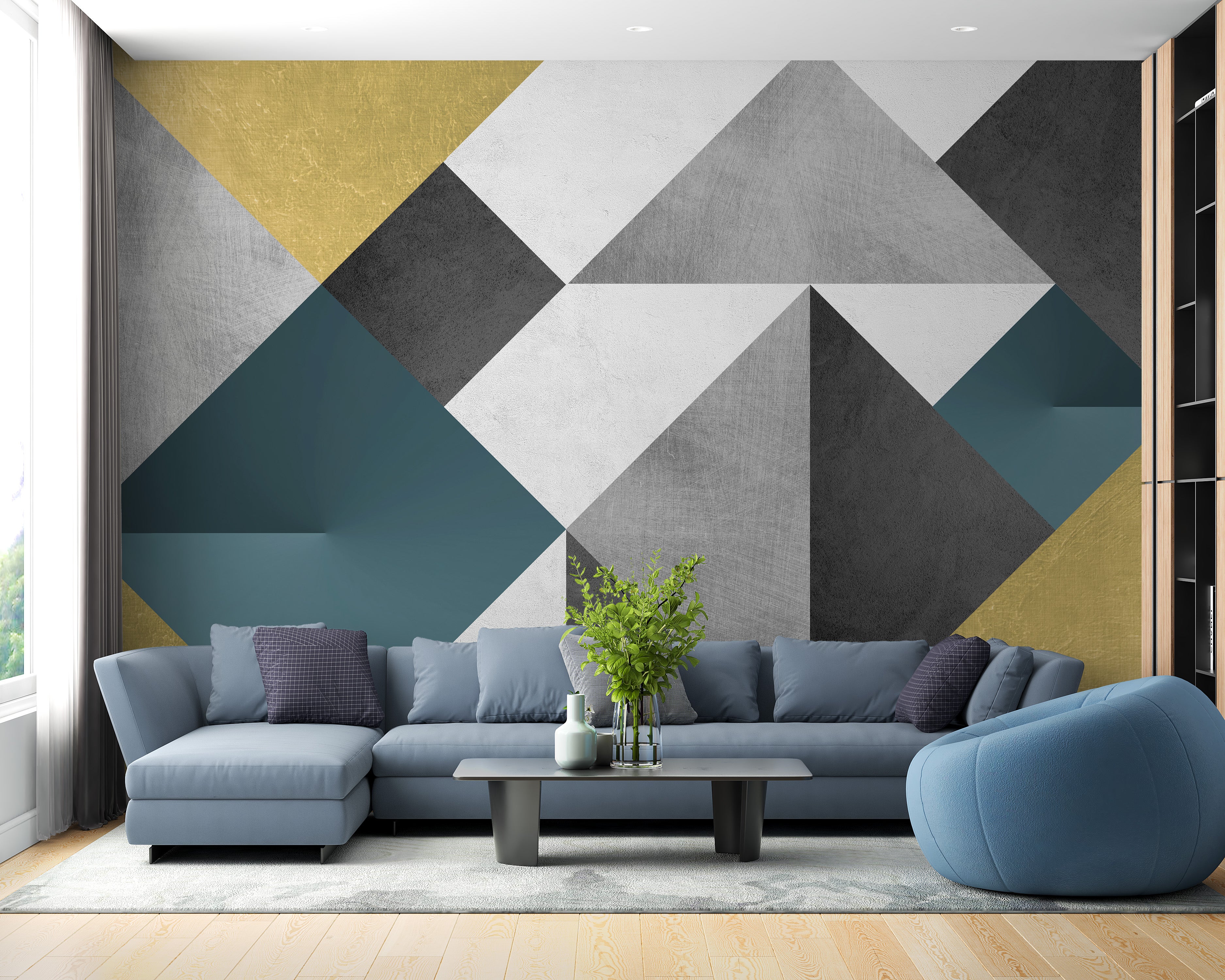 Blue & Yellow Abstract Geometric Multicolor Triangle Wallpaper Mural - Giffywalls