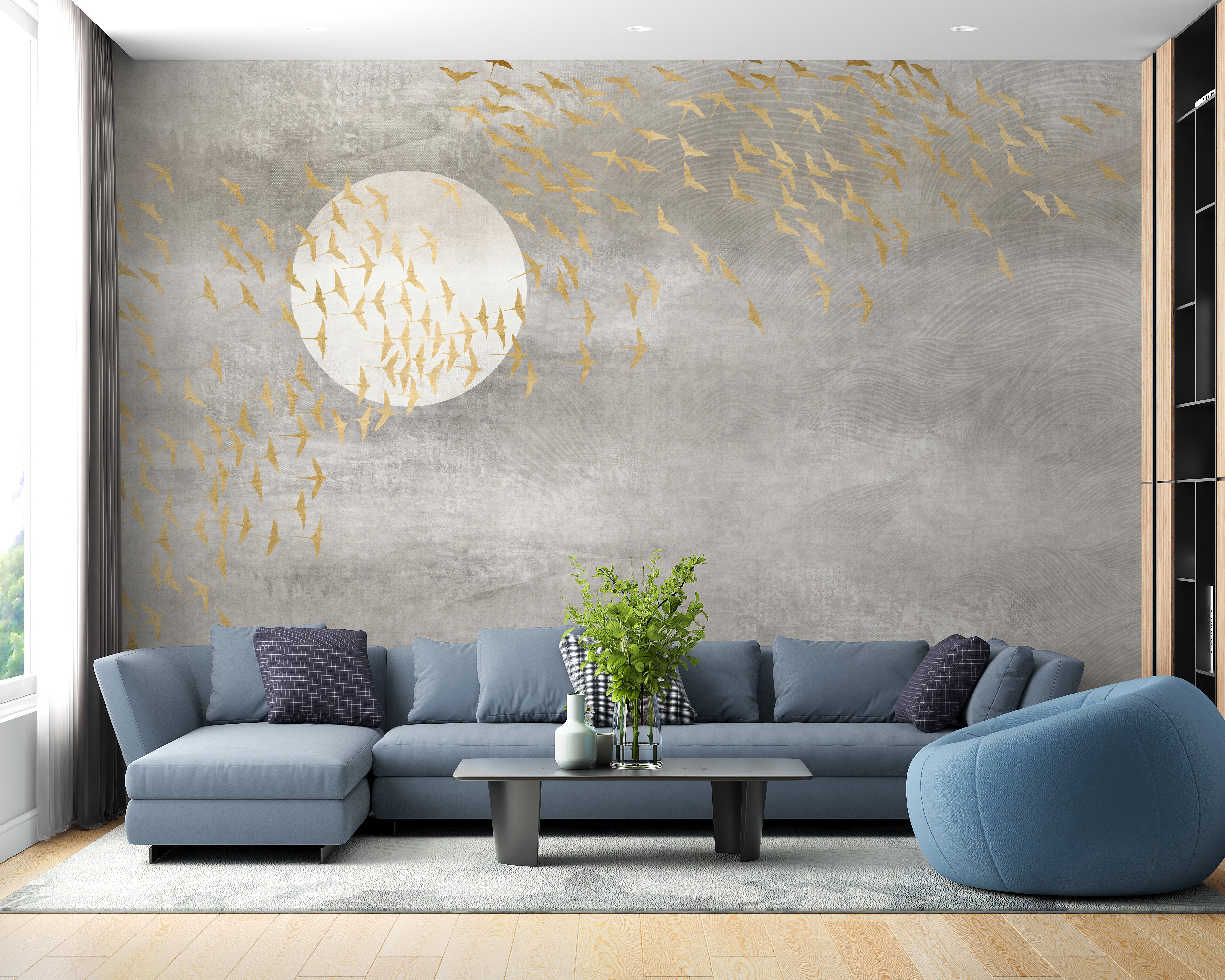 Dreamy sky and golden birds wallpaper mural