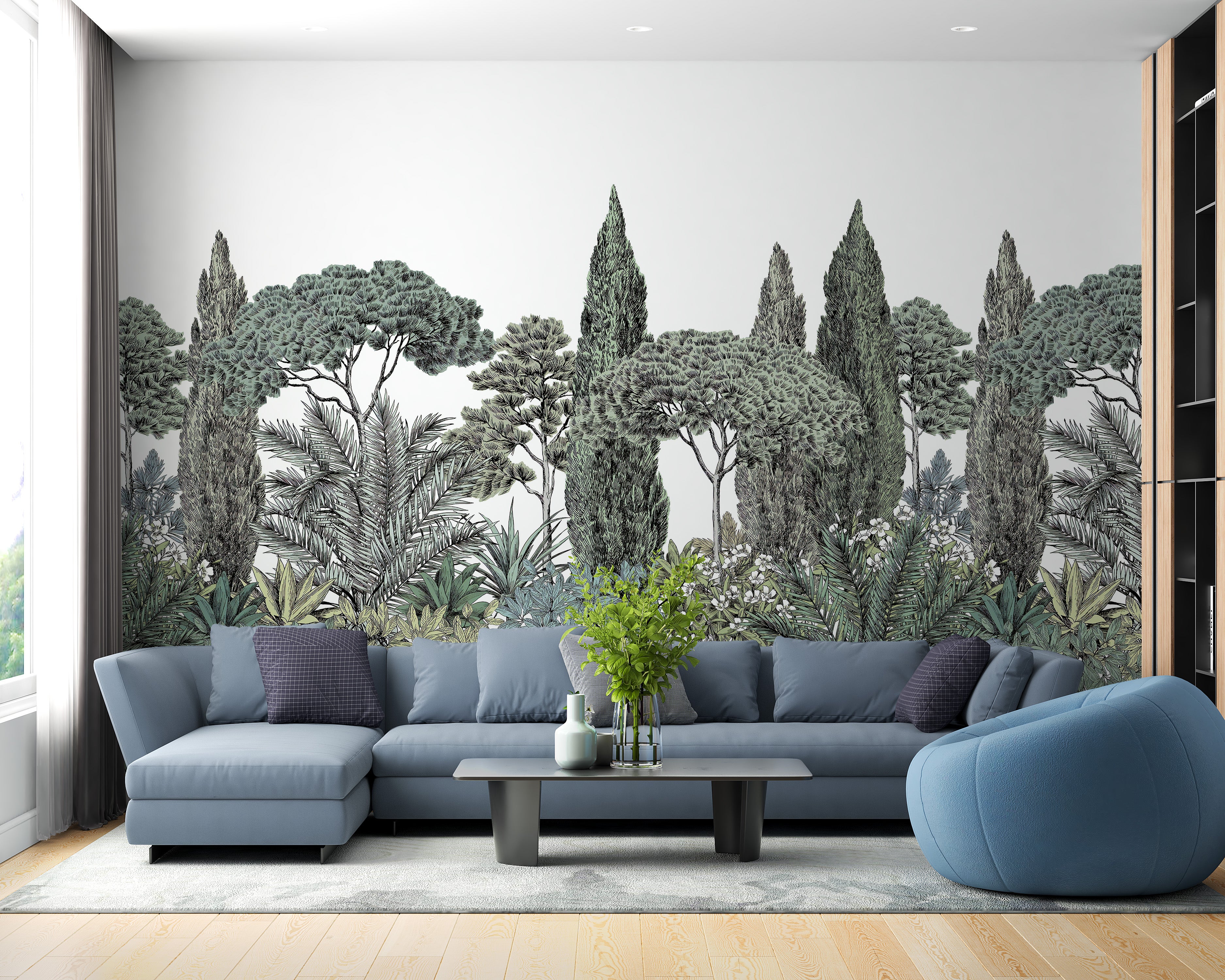 Forest garden wallpaper mural with rich greenery details.
