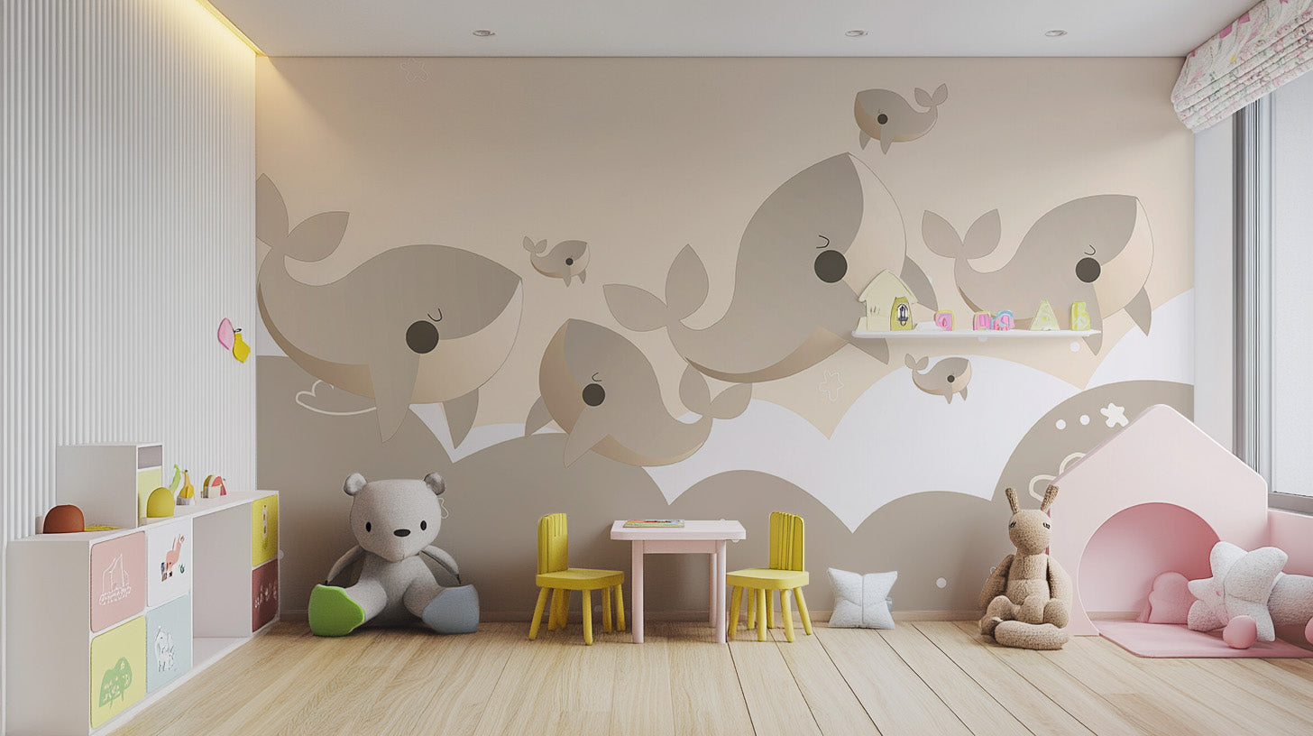 Create a serene play area with Cuddly Cetaceans wallpaper