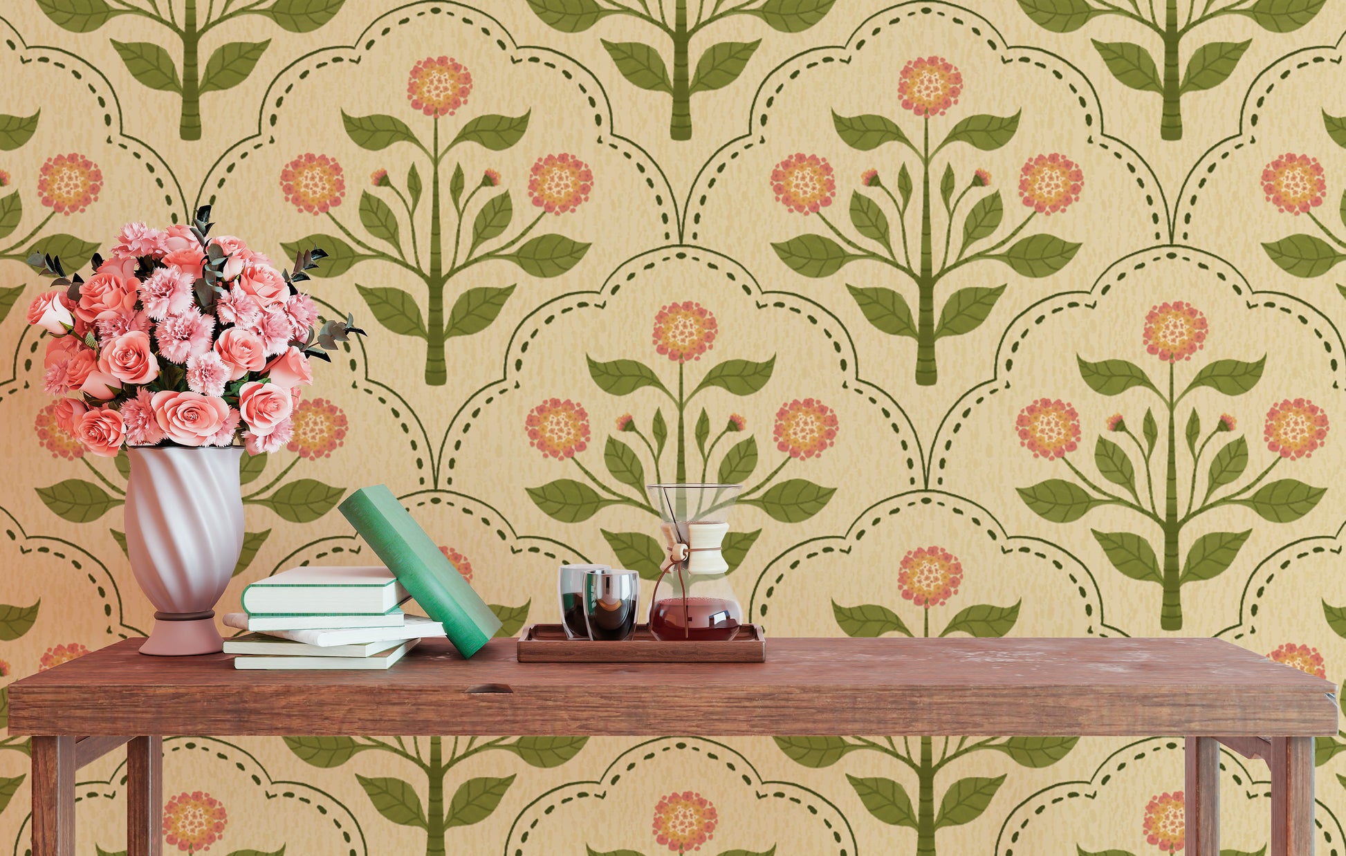 Decorative wallpaper with pink and green florals
