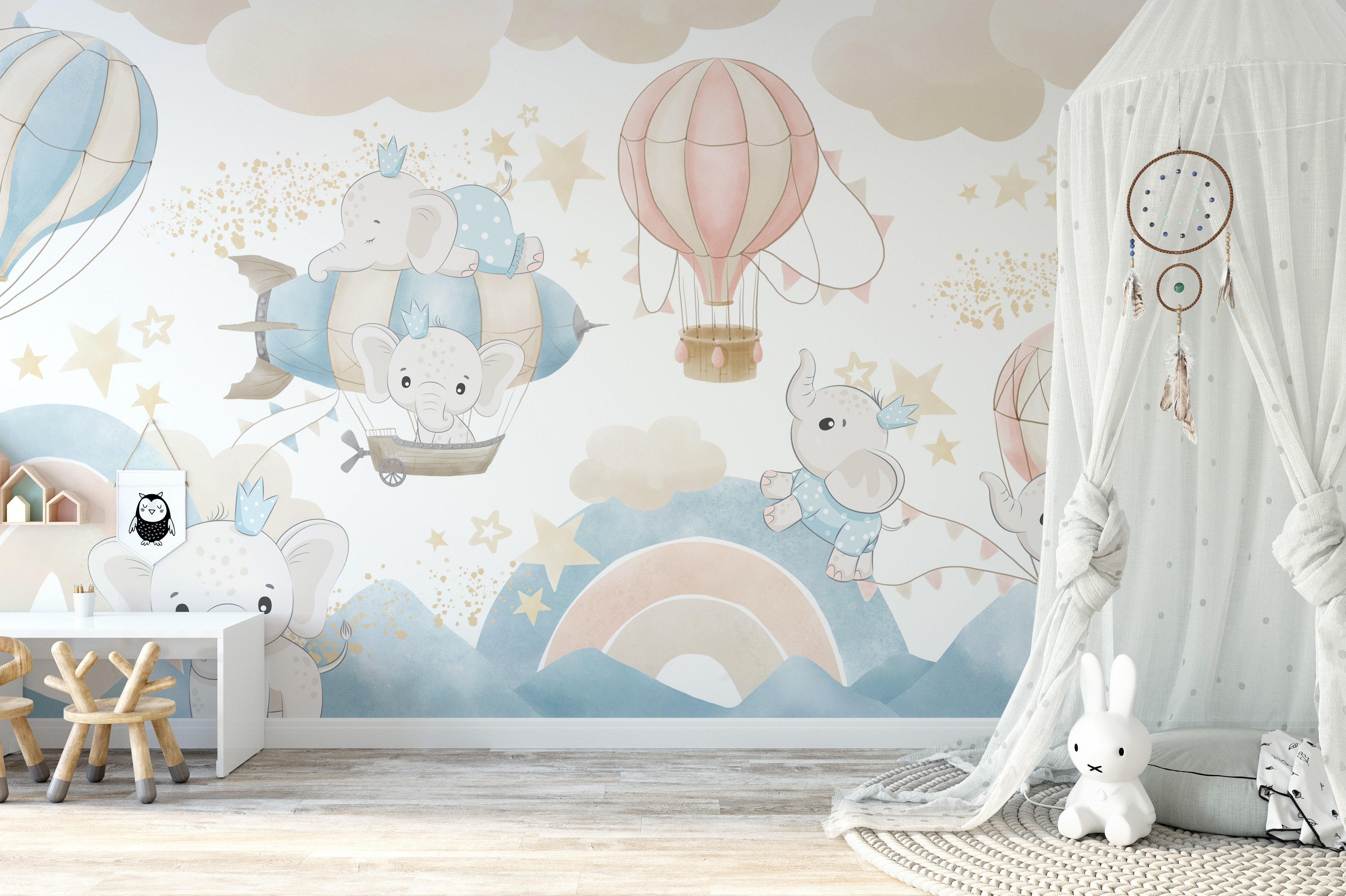 Baby Elephant Sky Adventure Mural for magical spaces