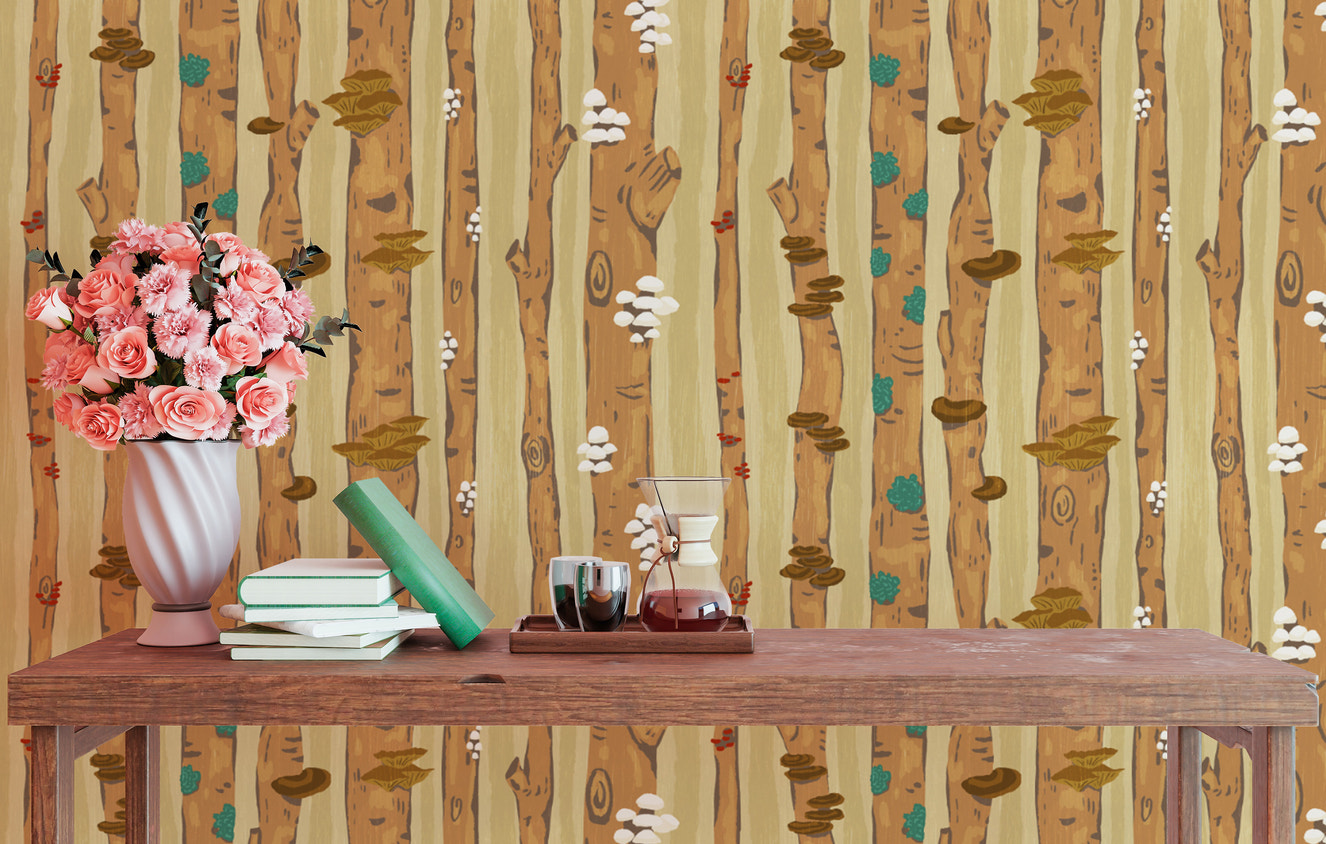 Elegant mushrooms on tree trunks wallpaper for rustic interiors.
