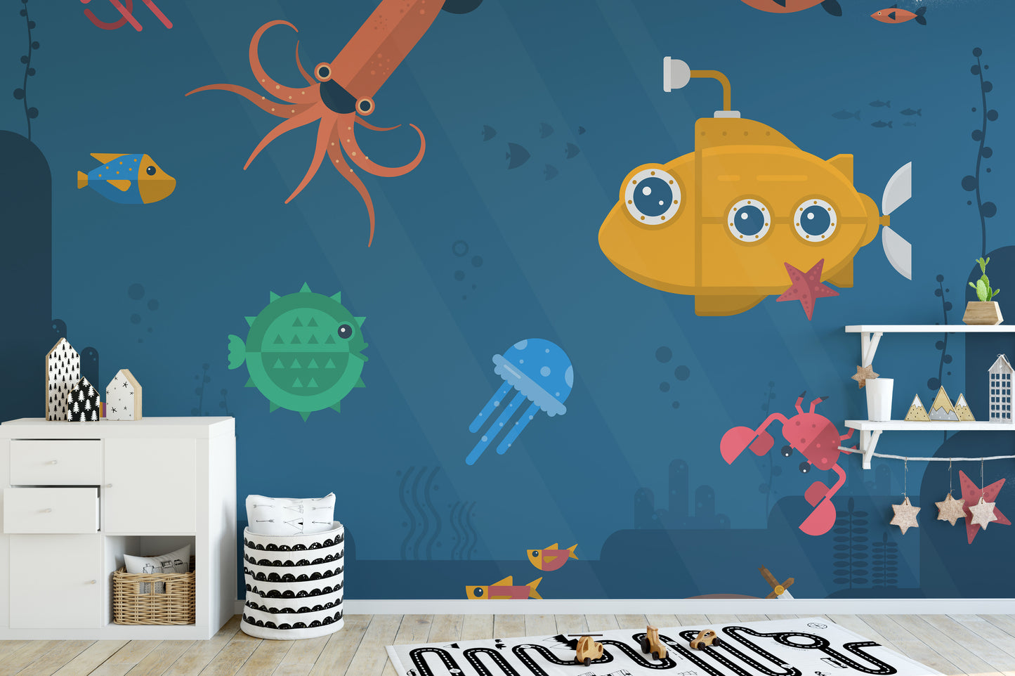 Playful underwater mural featuring ocean fishes
