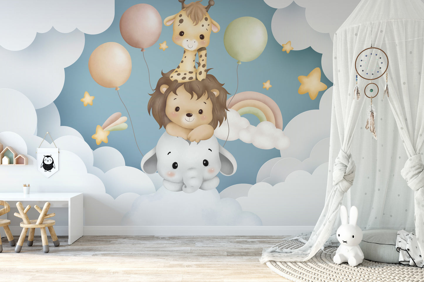 Baby animals floating in a balloon fiesta wallpaper mural