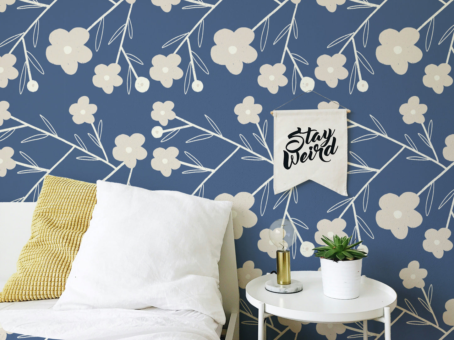 Stylish Navy Blue Modern Flower Buds Bush Wallpaper
