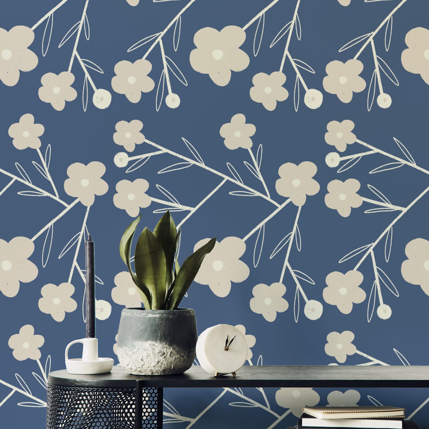 Navy Blue Modern Flower Buds Bush Wallpaper for walls
