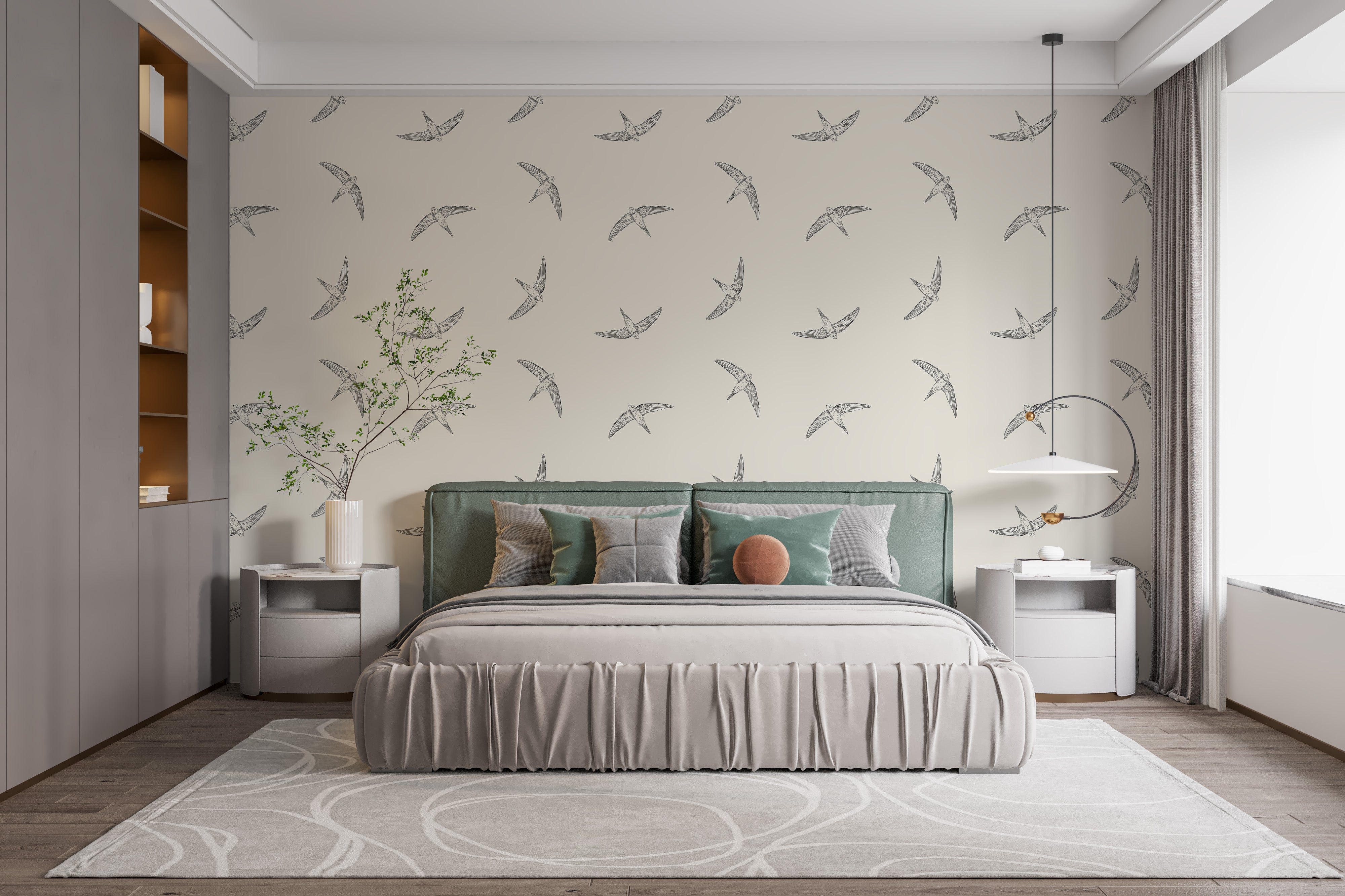 Swallows in flight on beige wallpaper design