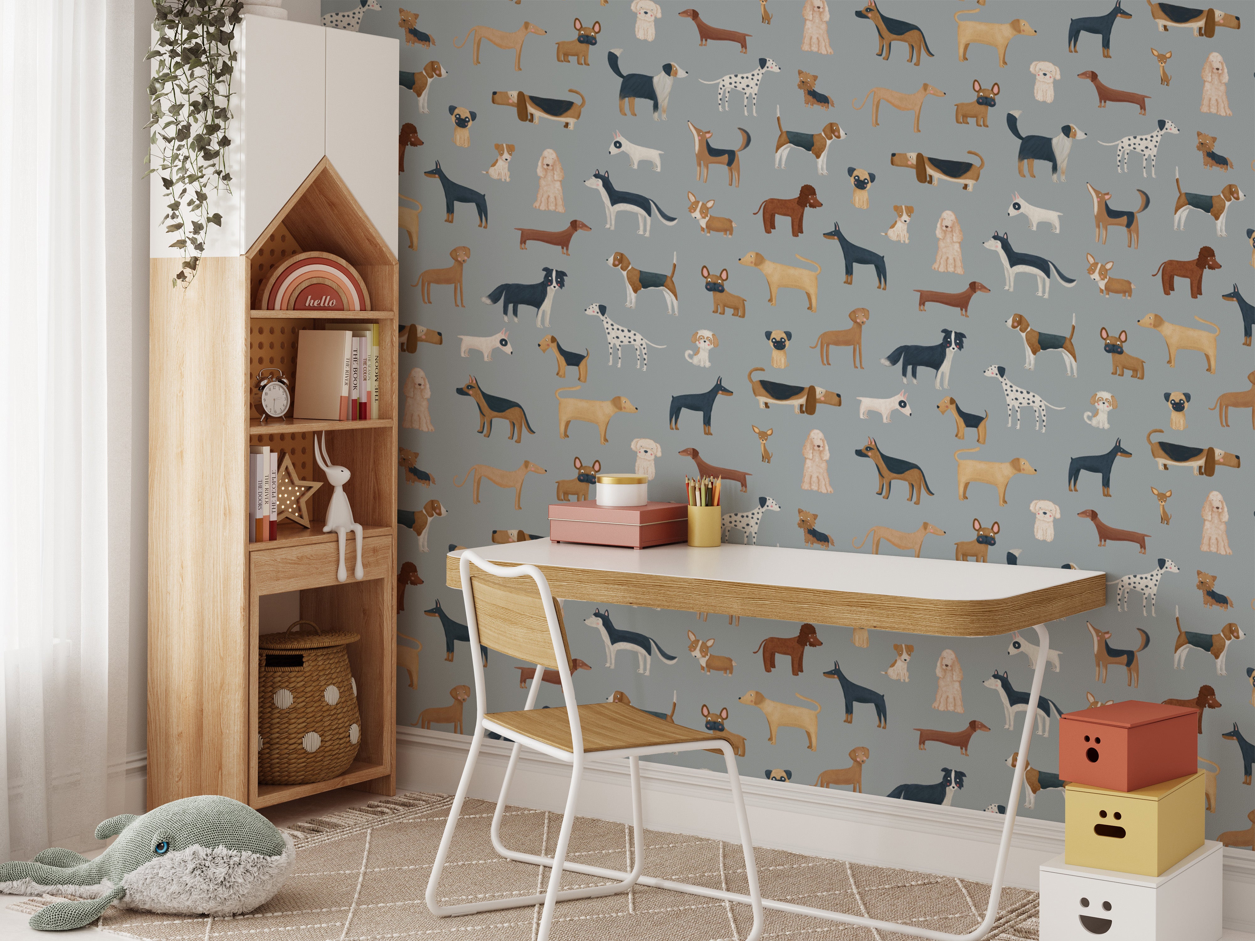 Dog lover's kids' wallpaper in a blue tone
