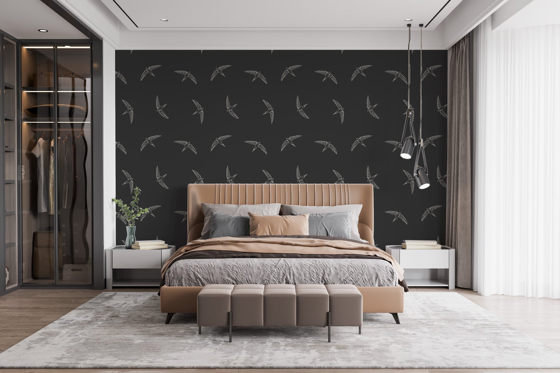 Swallows flying against black wallpaper design