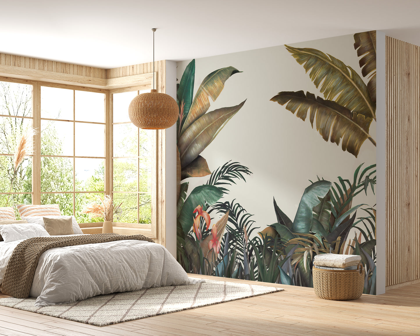 Green & Dusty Yellow Tropical Leaves Wallpaper Mural