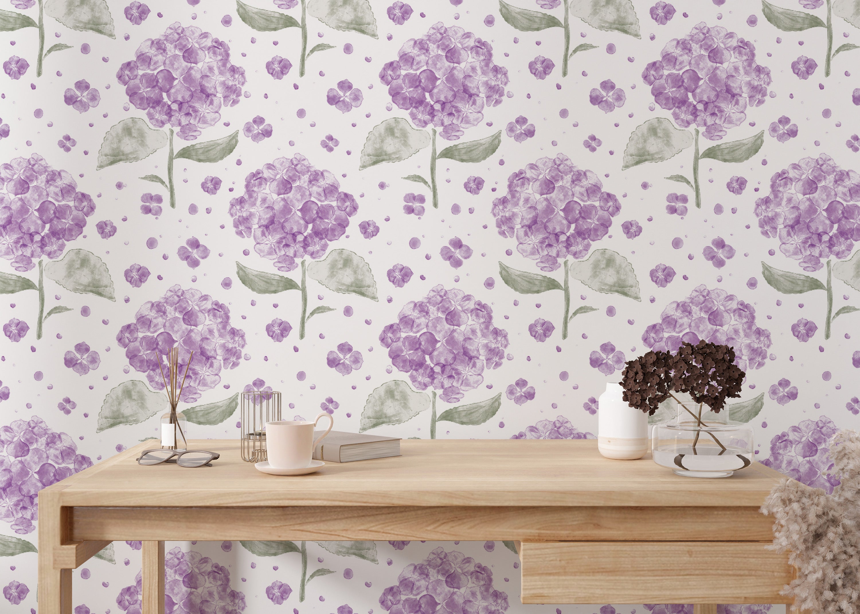 Sophisticated purple hydrangea mural for chic and modern interiors.
