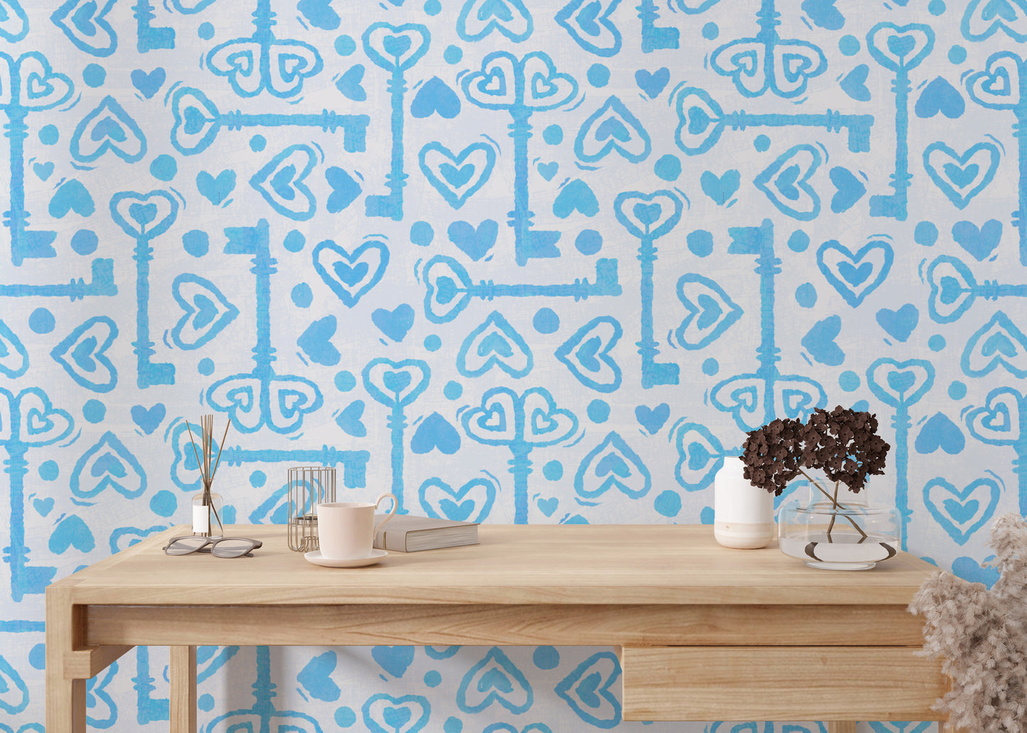 Blue love-themed wallpaper with keys and hearts
