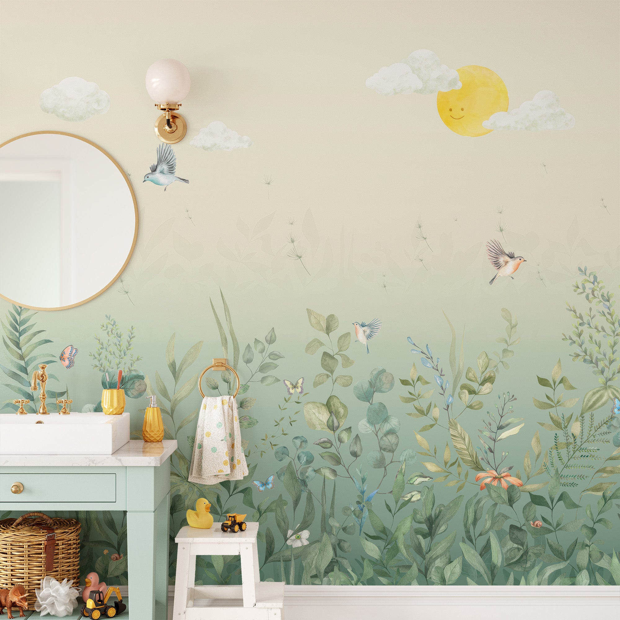 Fluttering Harmony Wallpaper adds elegance to bathroom walls.