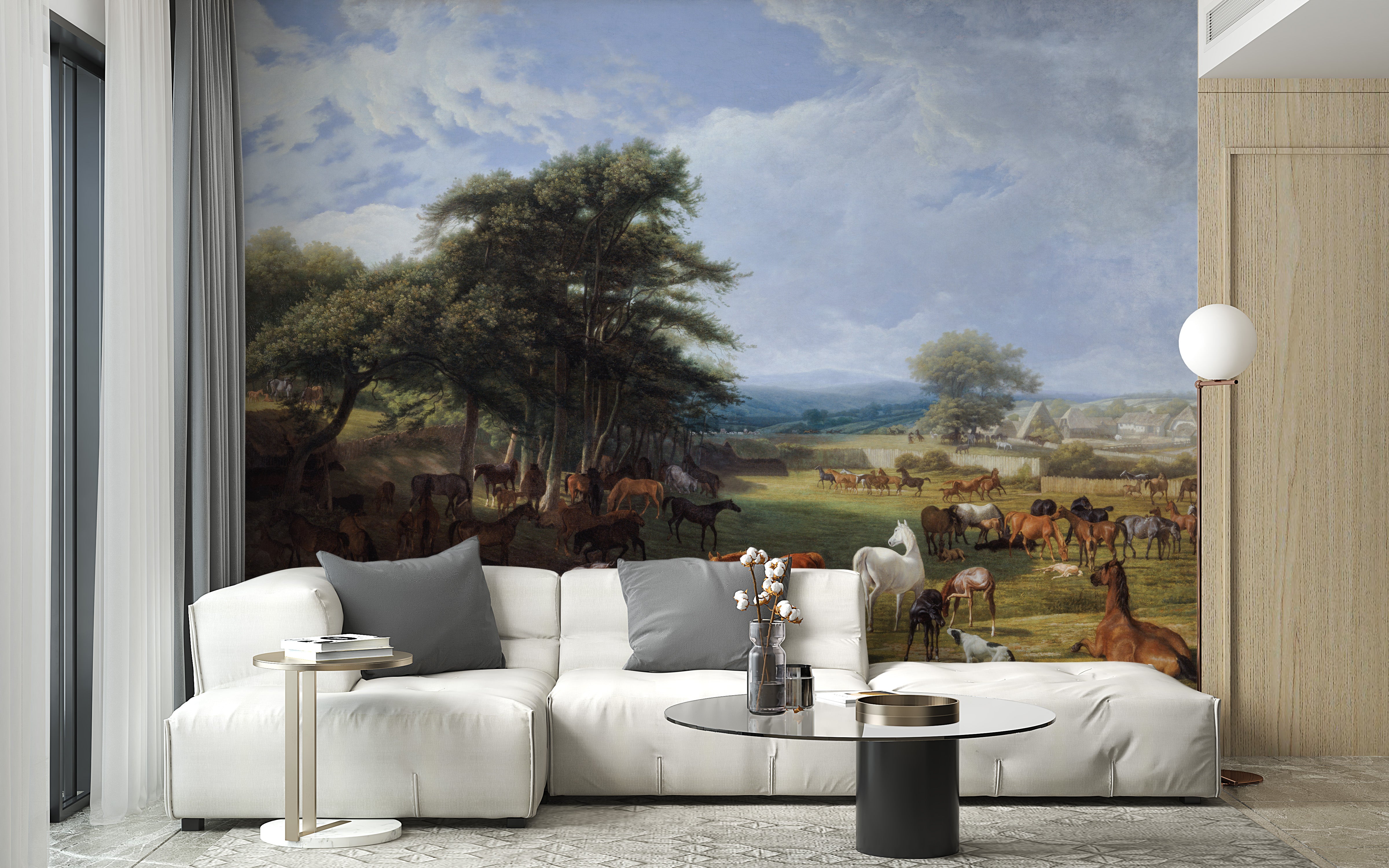 Peaceful countryside living room wallpaper mural with horses 
