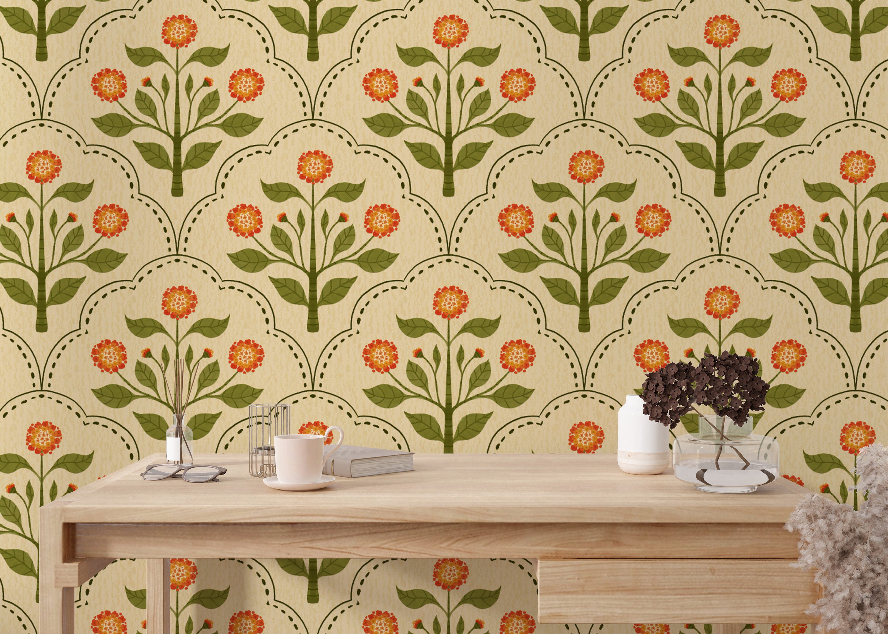 Lantana flower wallpaper in earthy tones
