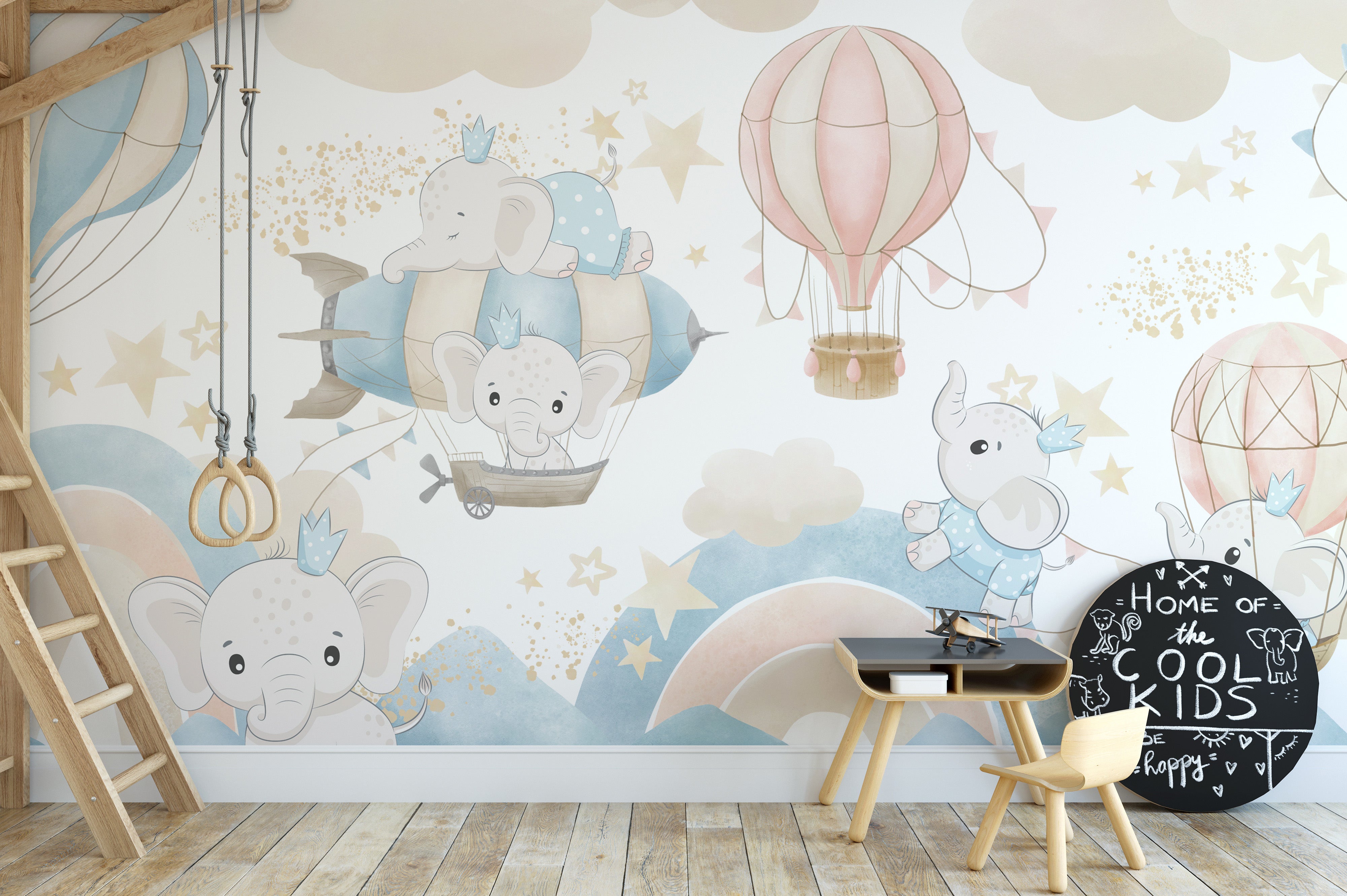 Baby Elephant Sky Adventure Mural with gentle tones