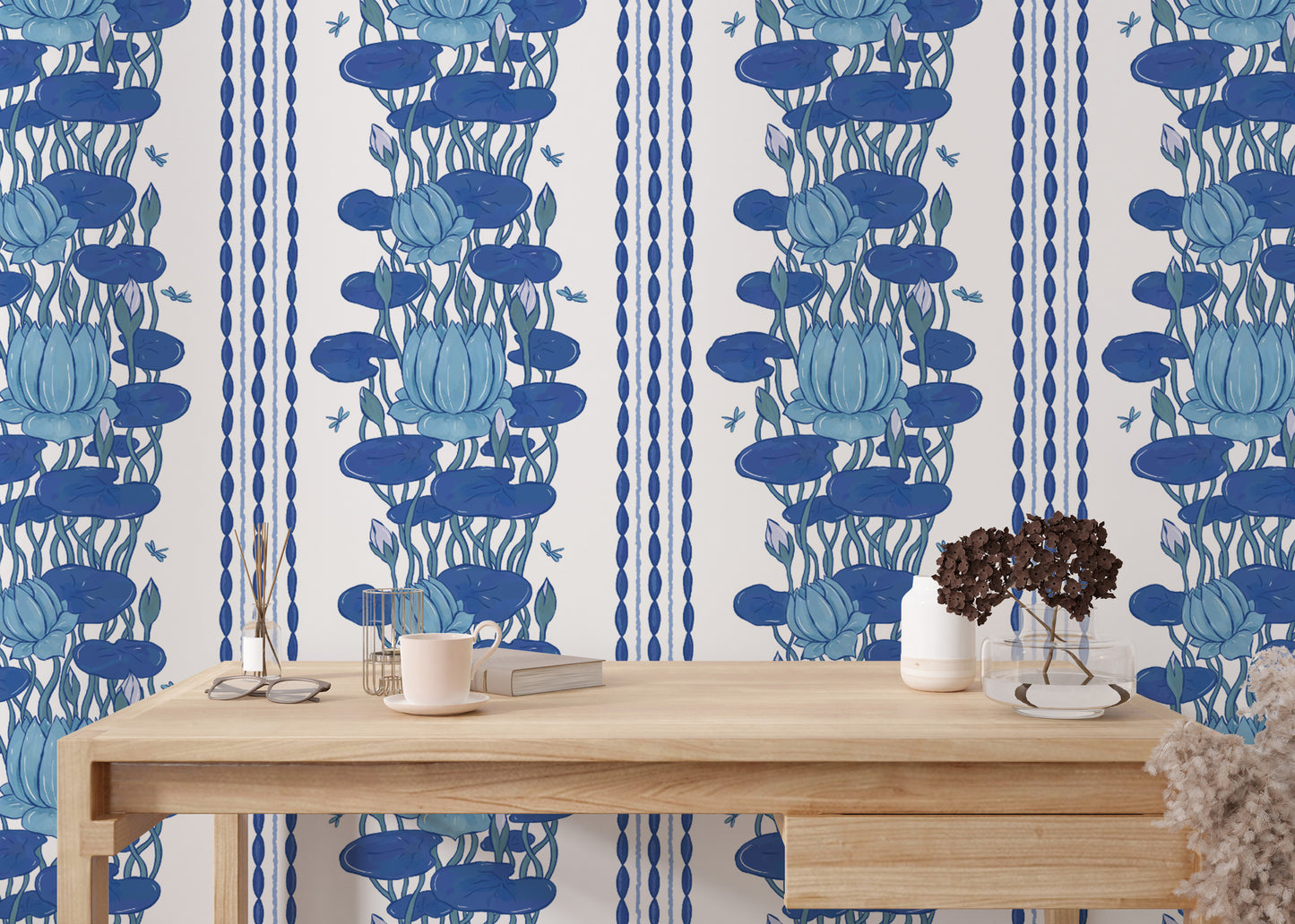 Classic blue lotus stripe wallpaper decor
