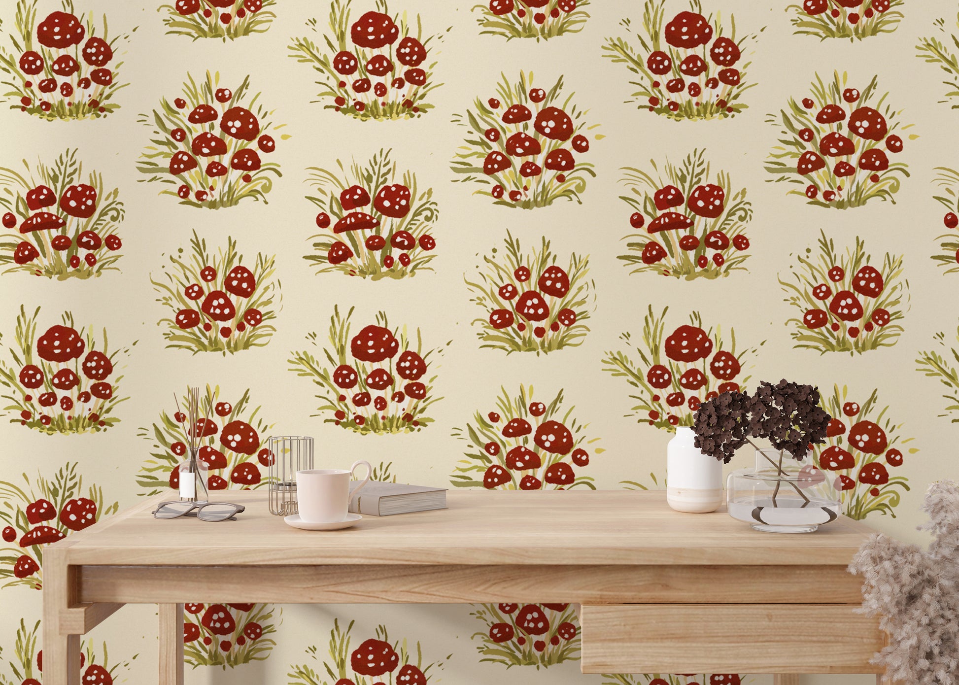 Sophisticated millefleurs light wallpaper with mushrooms for cozy walls.
