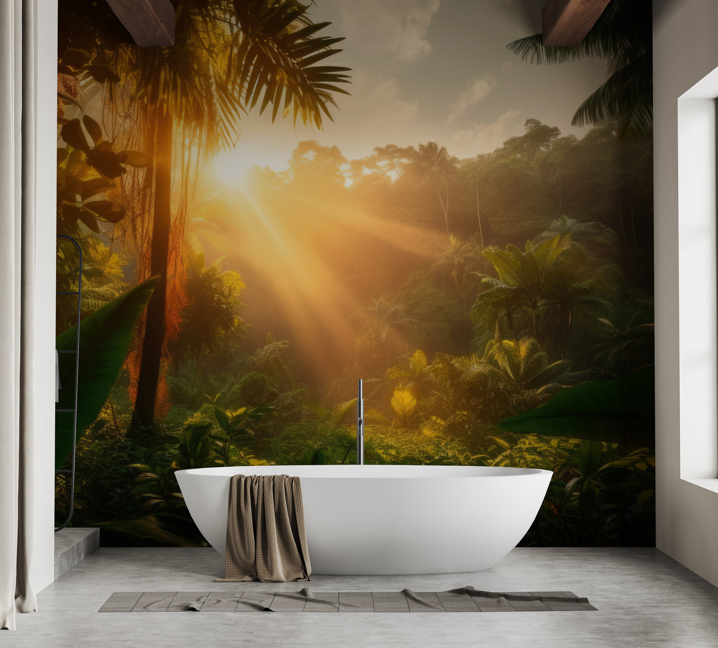 Artistic rainforest-themed mural wallpaper for modern bathroom interiors.
