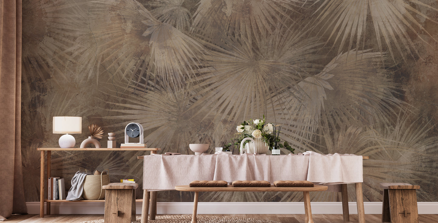 Sophisticated tropical mural in soft hues