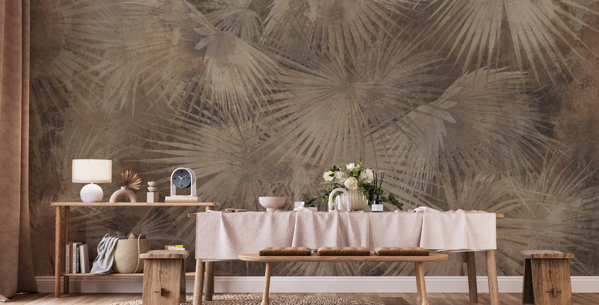 Sophisticated tropical mural in soft hues