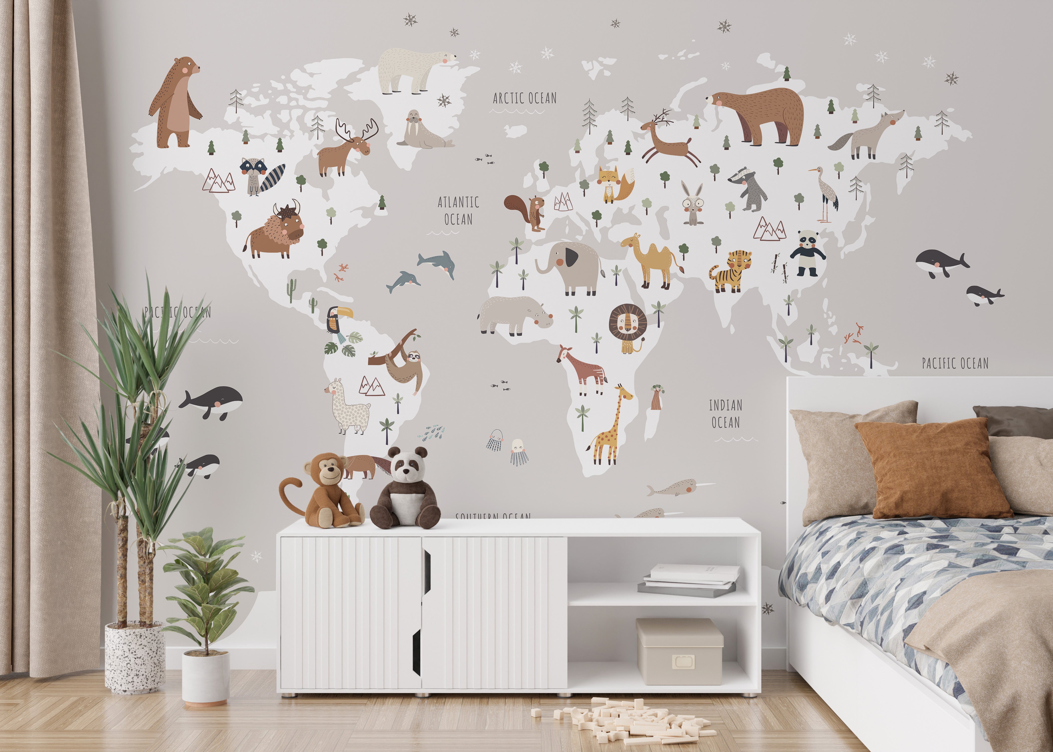 Nursery wall decor with animal map illustrations
