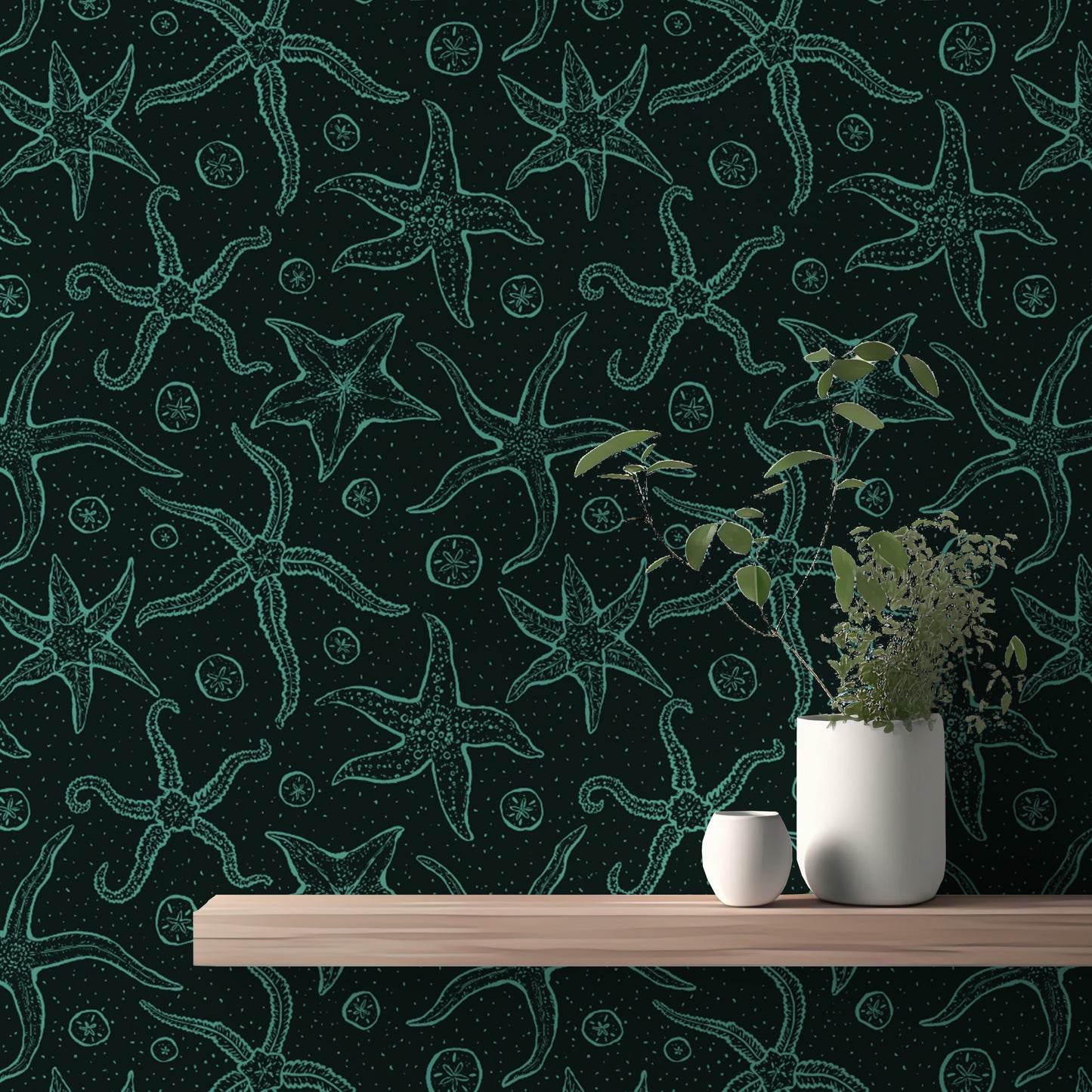 Artistic echinoderms wallpaper in deep blue for unique interiors.
