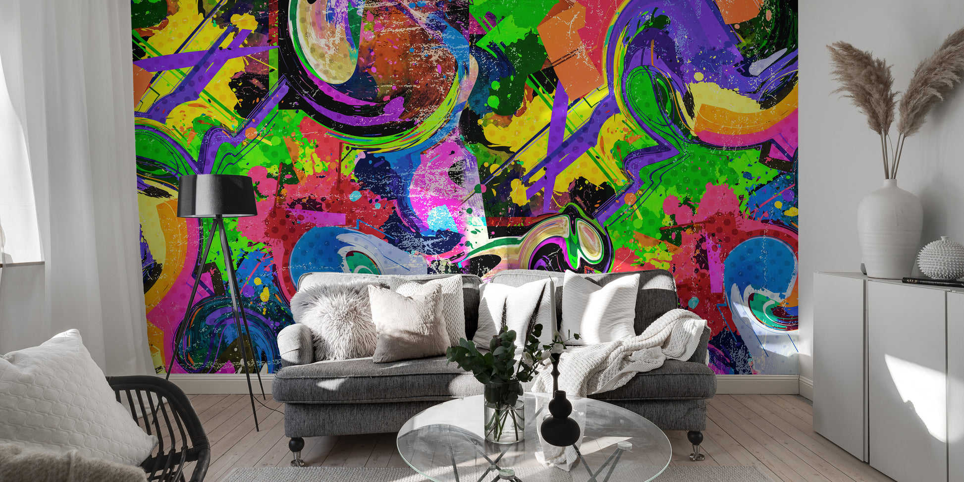 Artistic graffiti splash wallpaper mural for bold spaces.