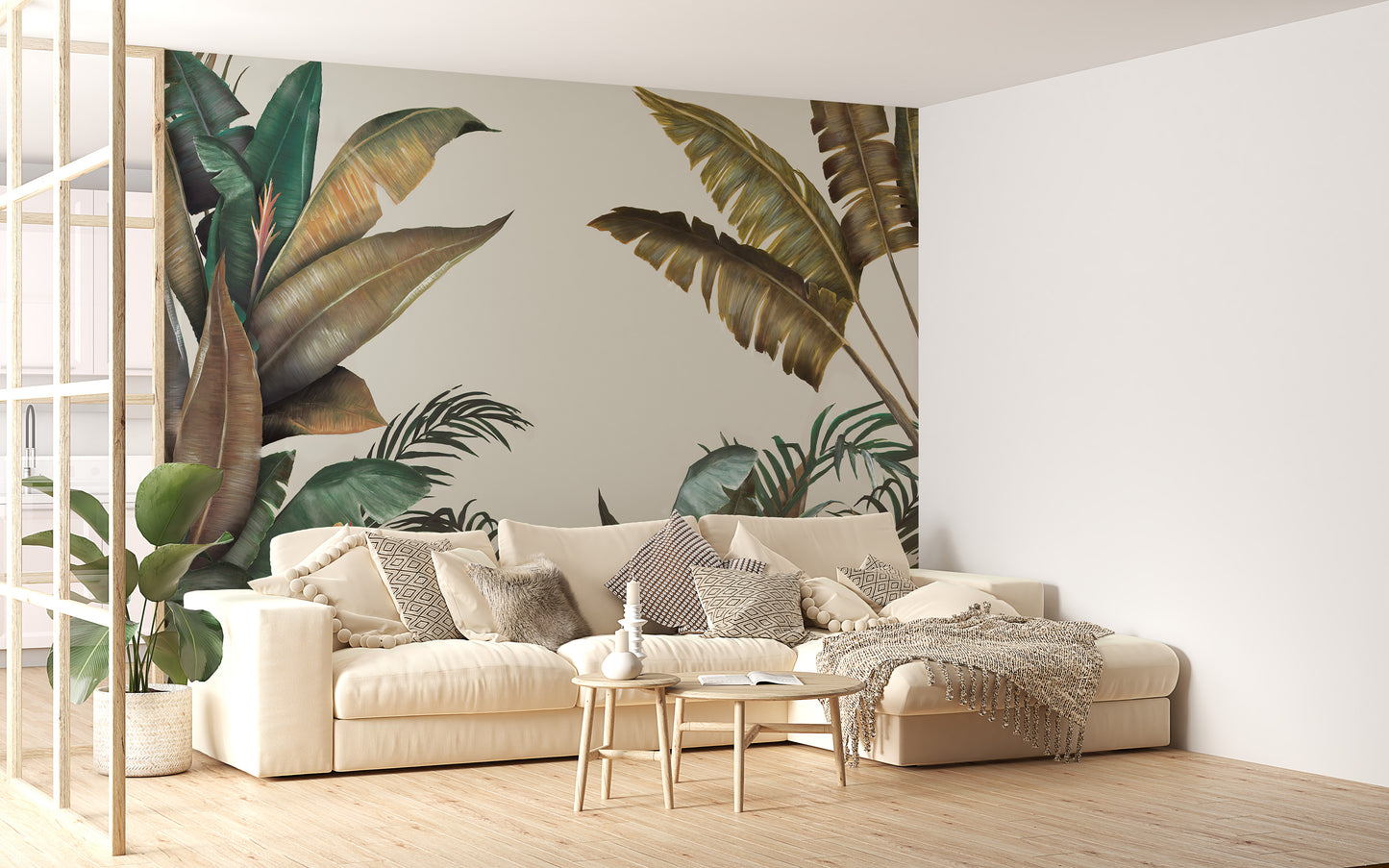 Green & Dusty Yellow Tropical Leaves Wallpaper Mural