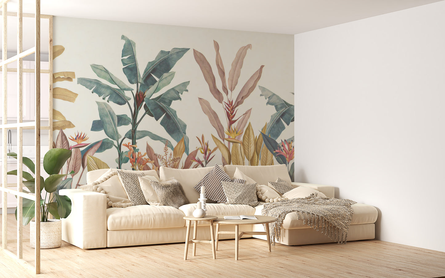 Dusty Pink Green Tropical Wallpaper Mural