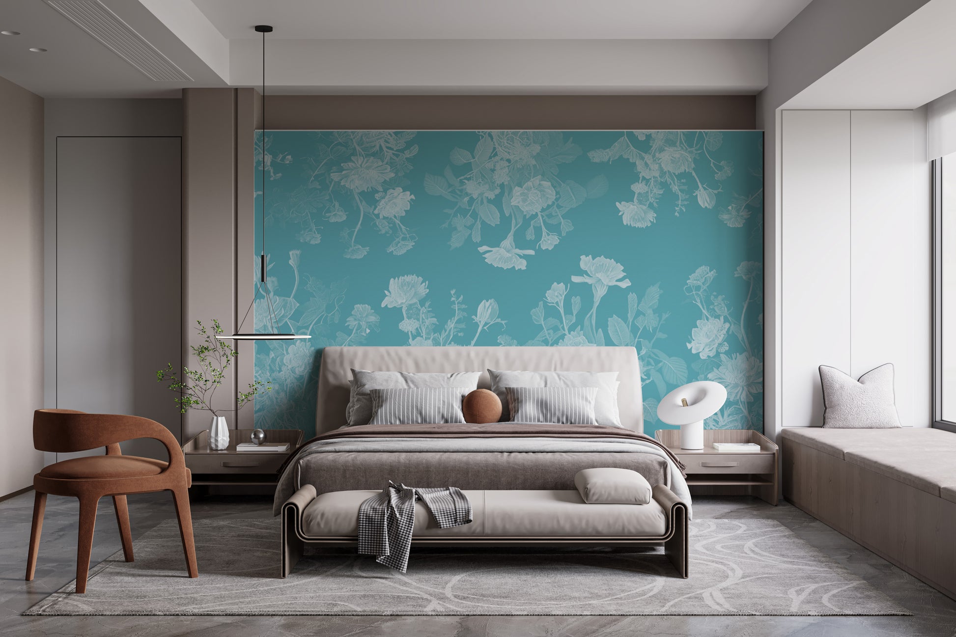 Elegant blue flower mural wallpaper for a calming bedroom ambiance.