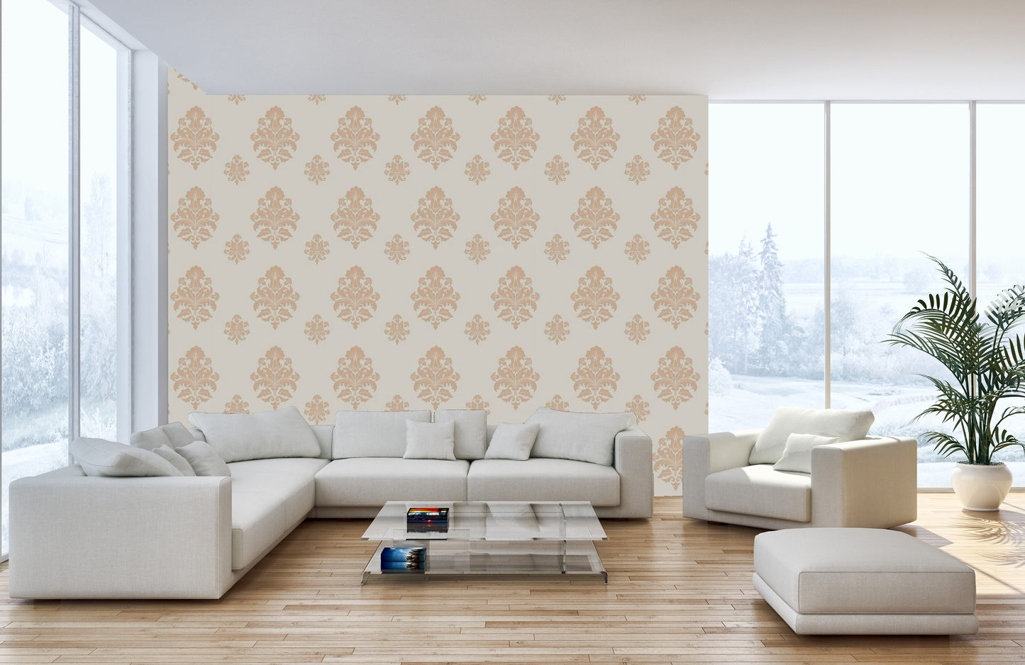 Peel and stick damask beige wallpaper print
