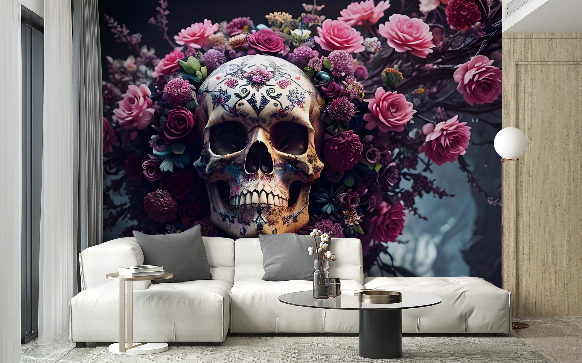 Artistic floral skull mural design
