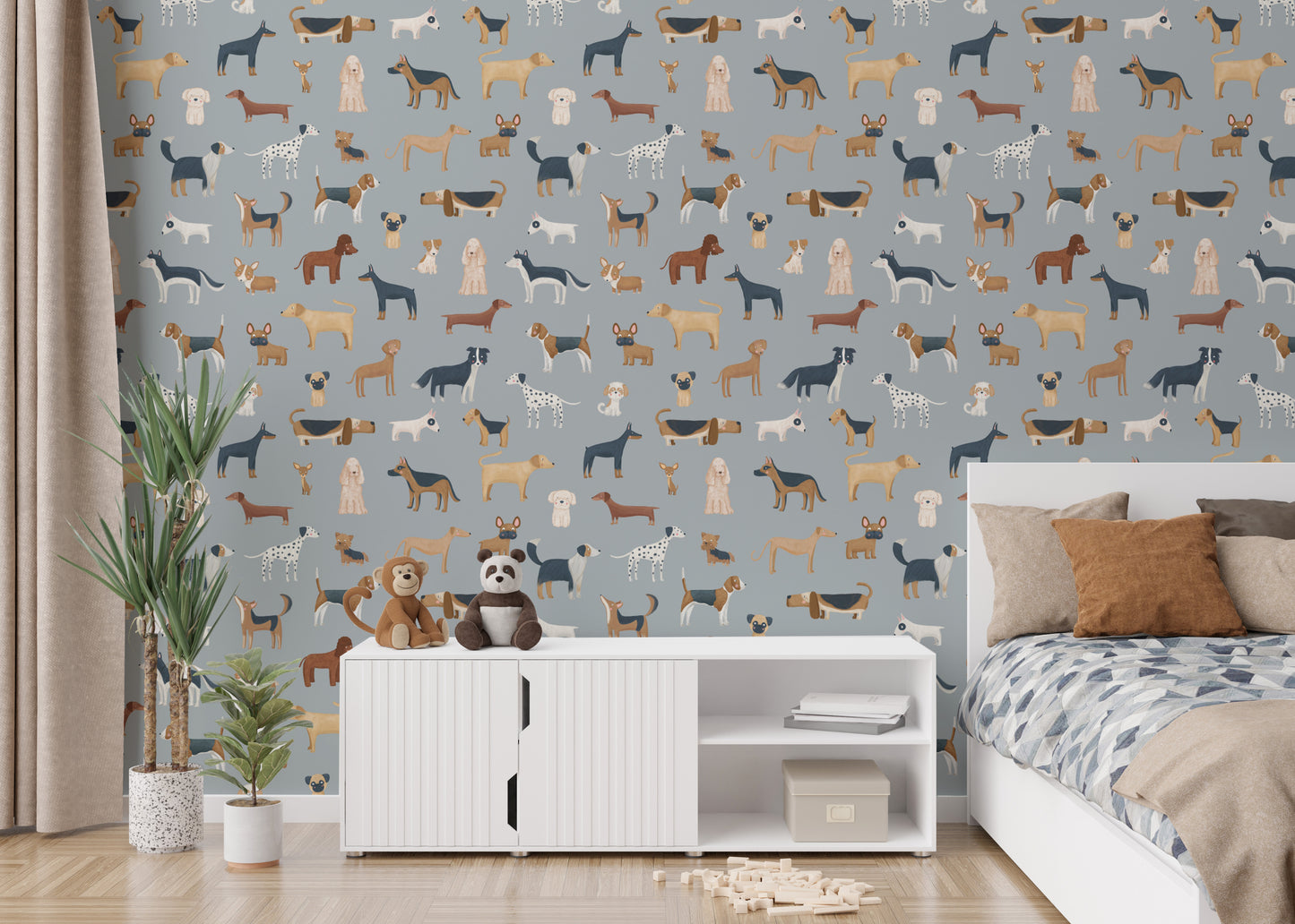 Playroom wallpaper featuring various dog breeds
