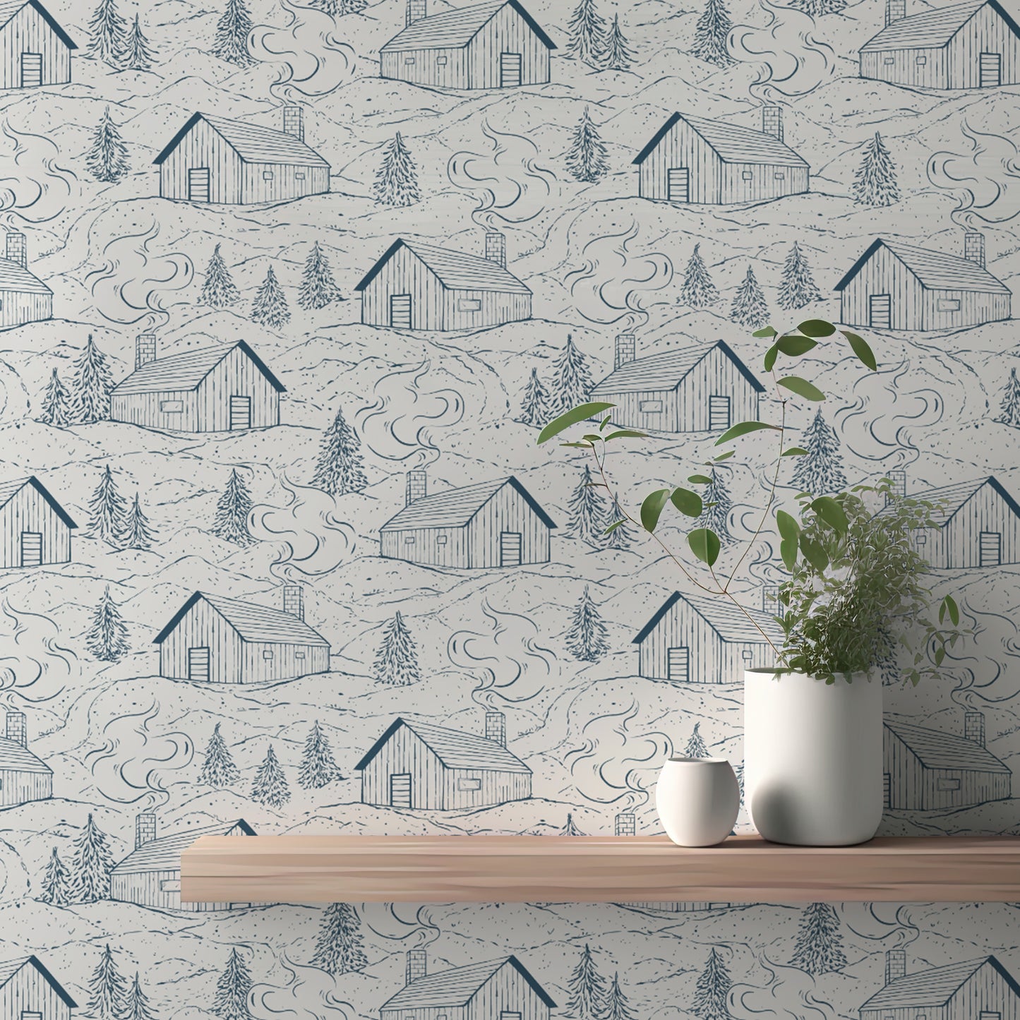 Artistic smokey cabins wallpaper in blue for unique wall accents.
