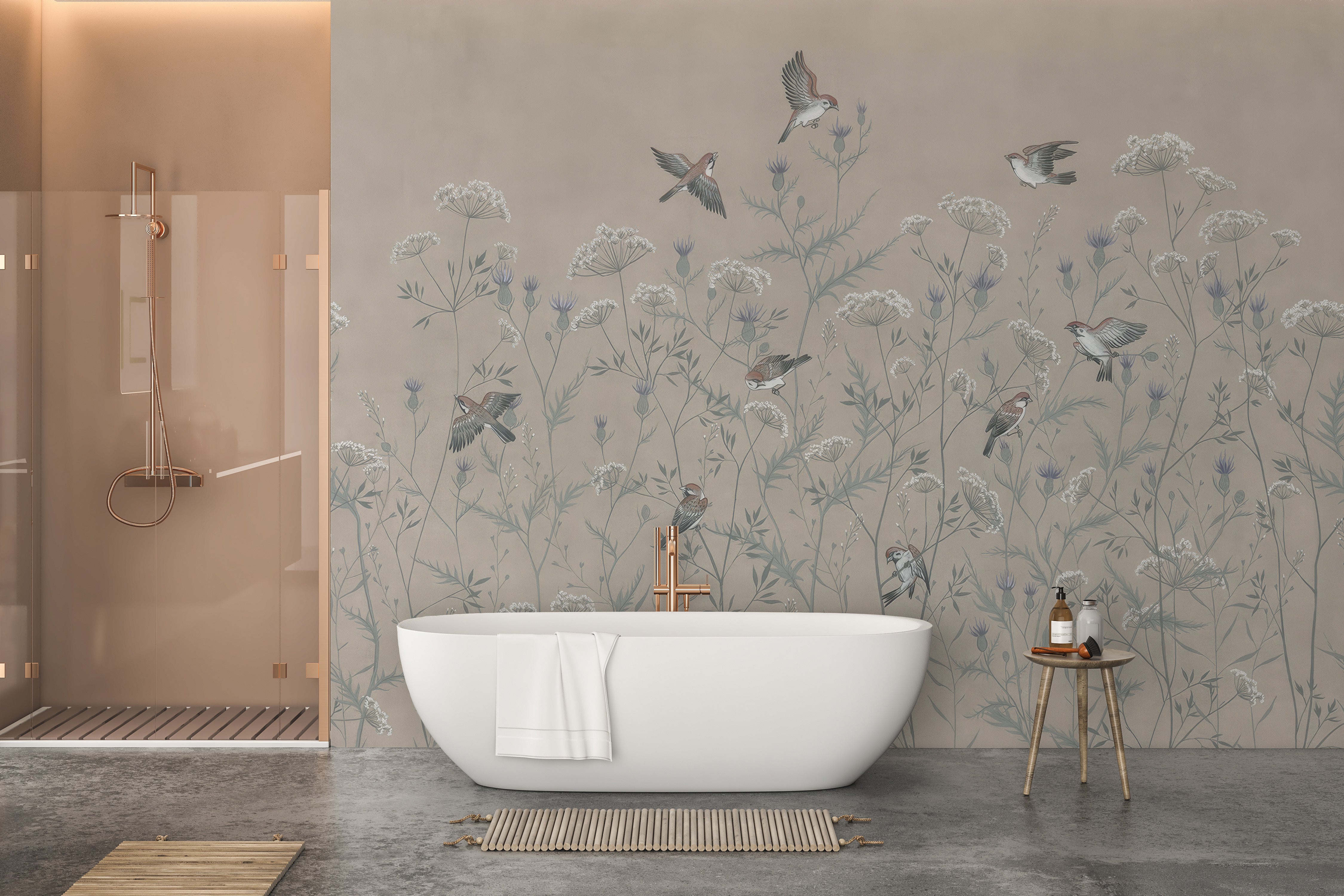 Elegant bird wallpaper for serene bathroom decor