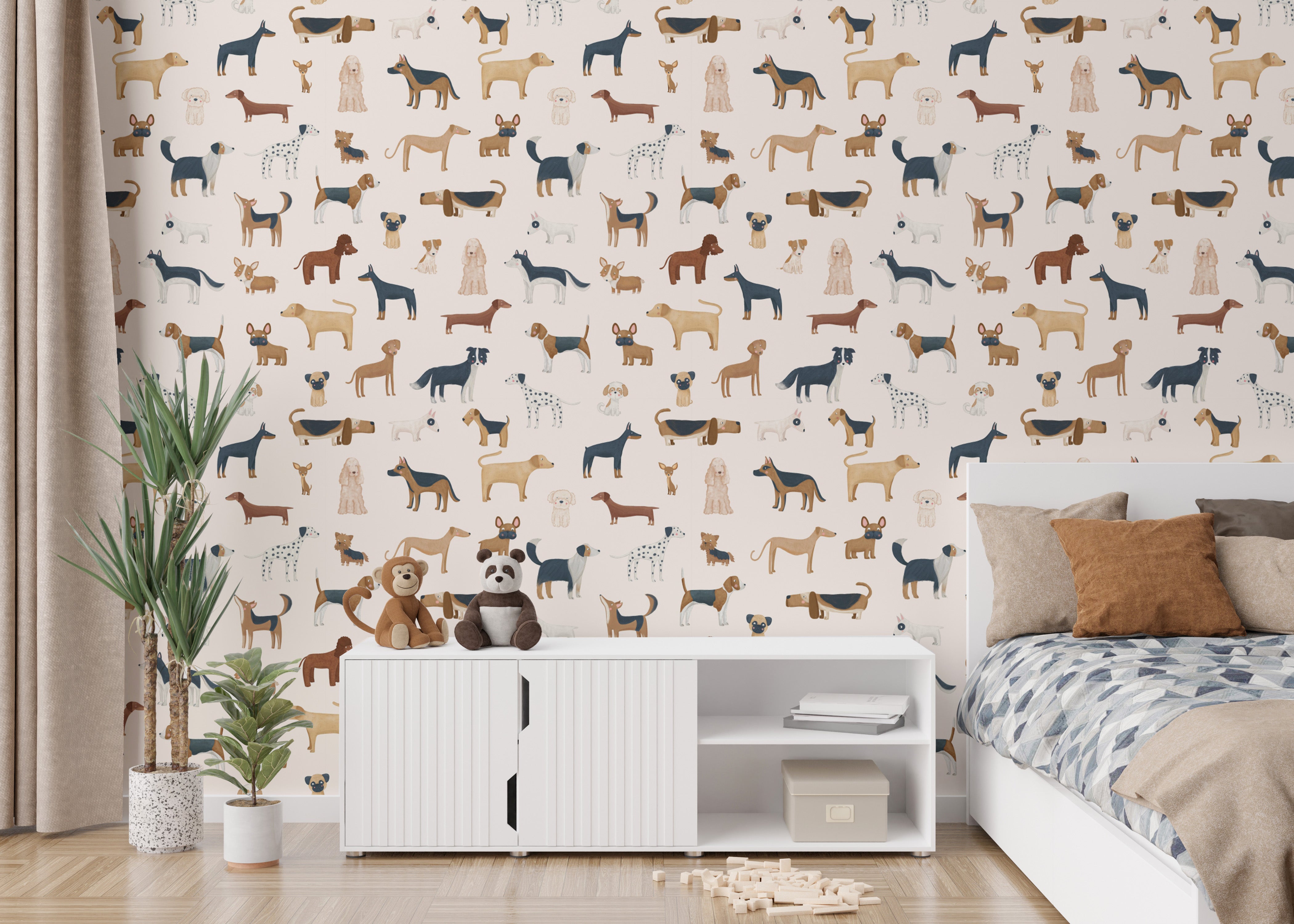 Fun and lively dog pattern wallpaper for kids
