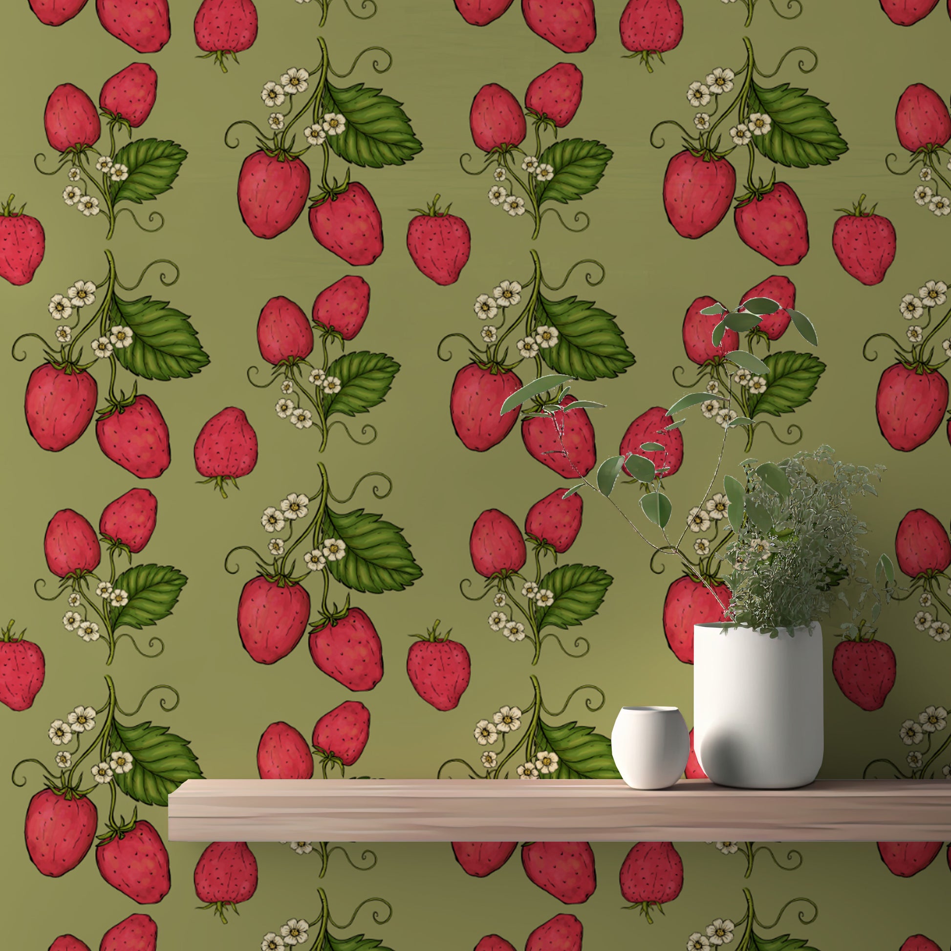 Playful pink strawberry vines wallpaper for a cozy vibe.
