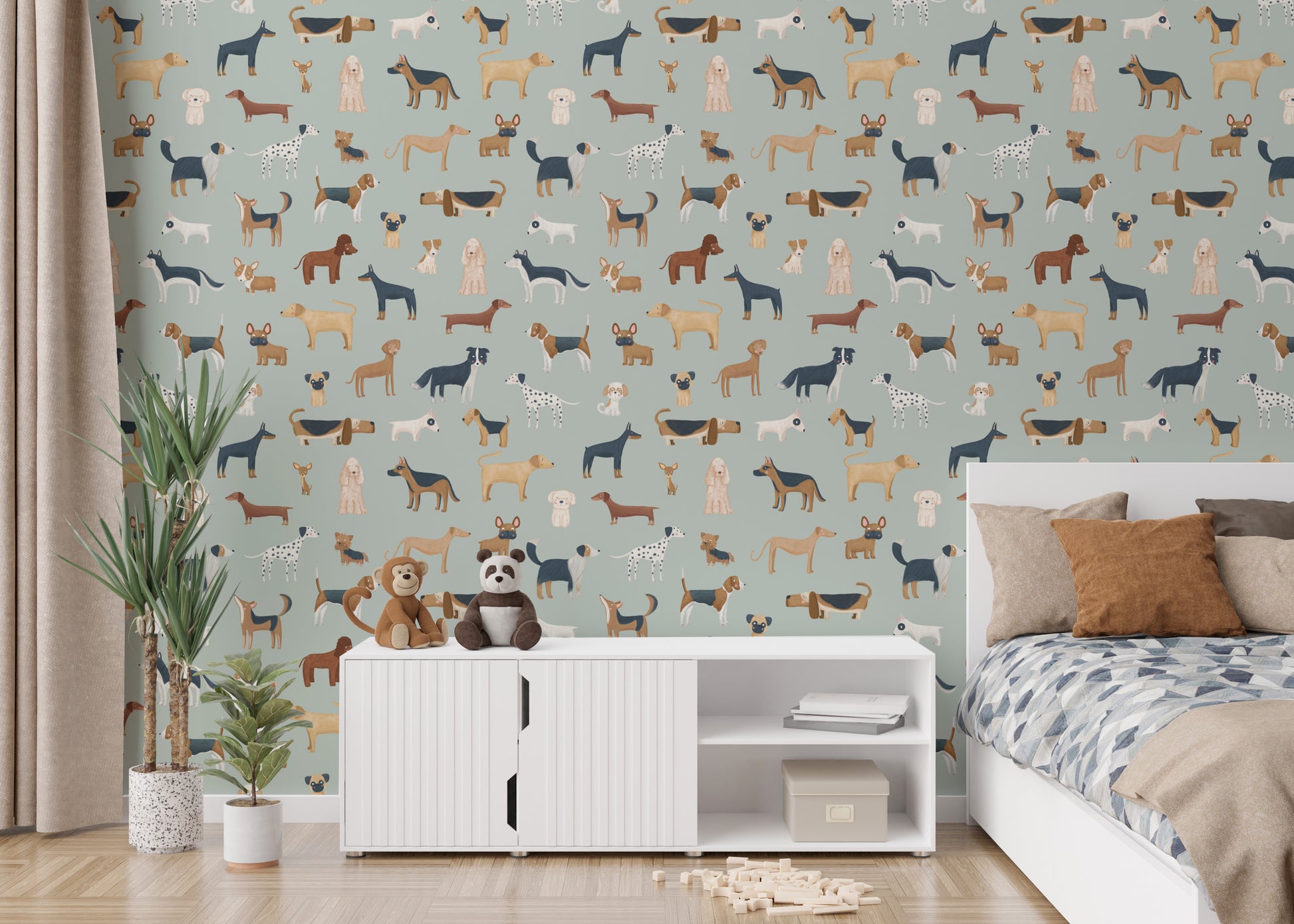 Green wallpaper with playful dog pattern
