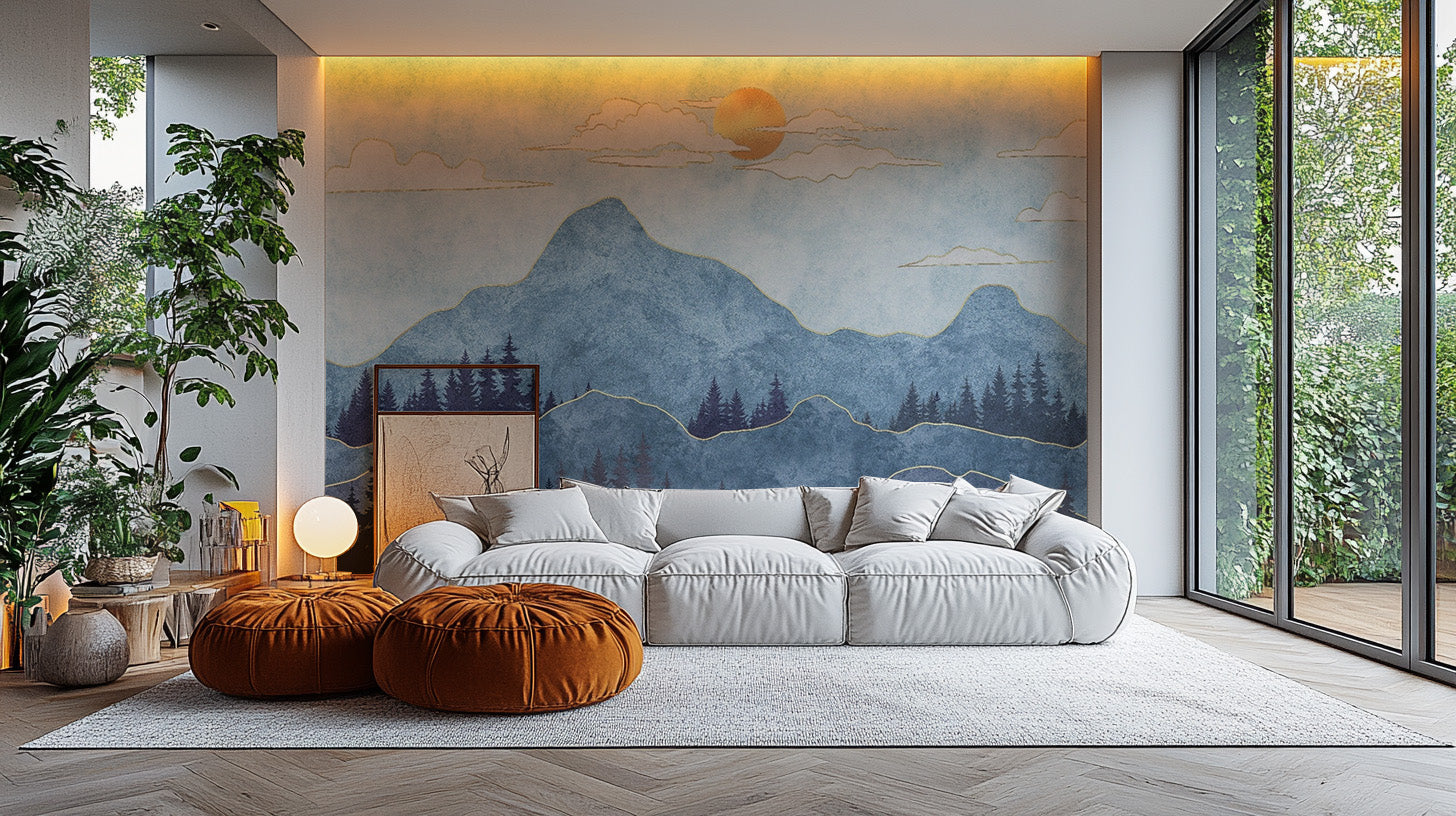 Scenic Watercolor Blue Mountain Wall Mural Design