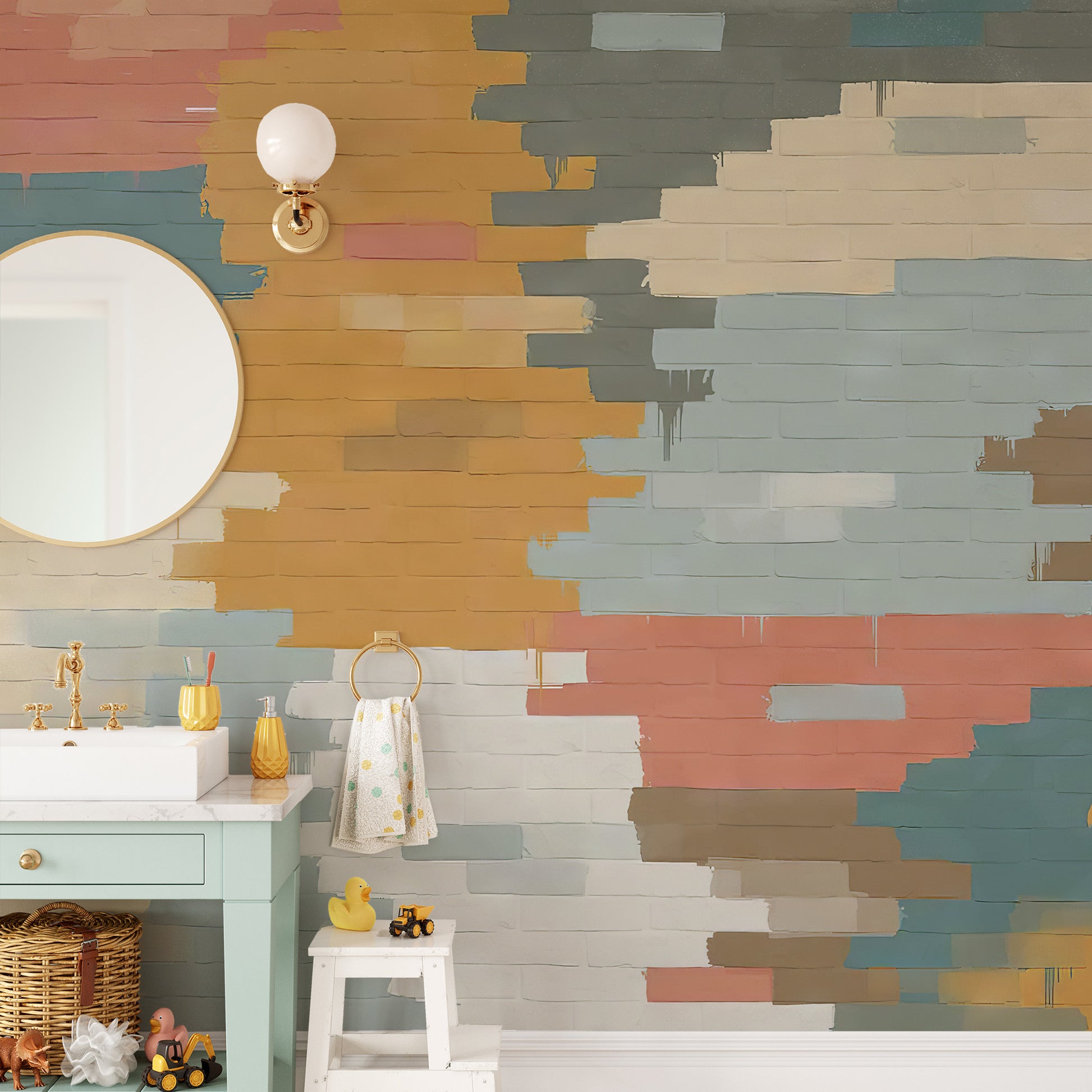 Painted Brick Illusion Mural adds character to bathroom decor.