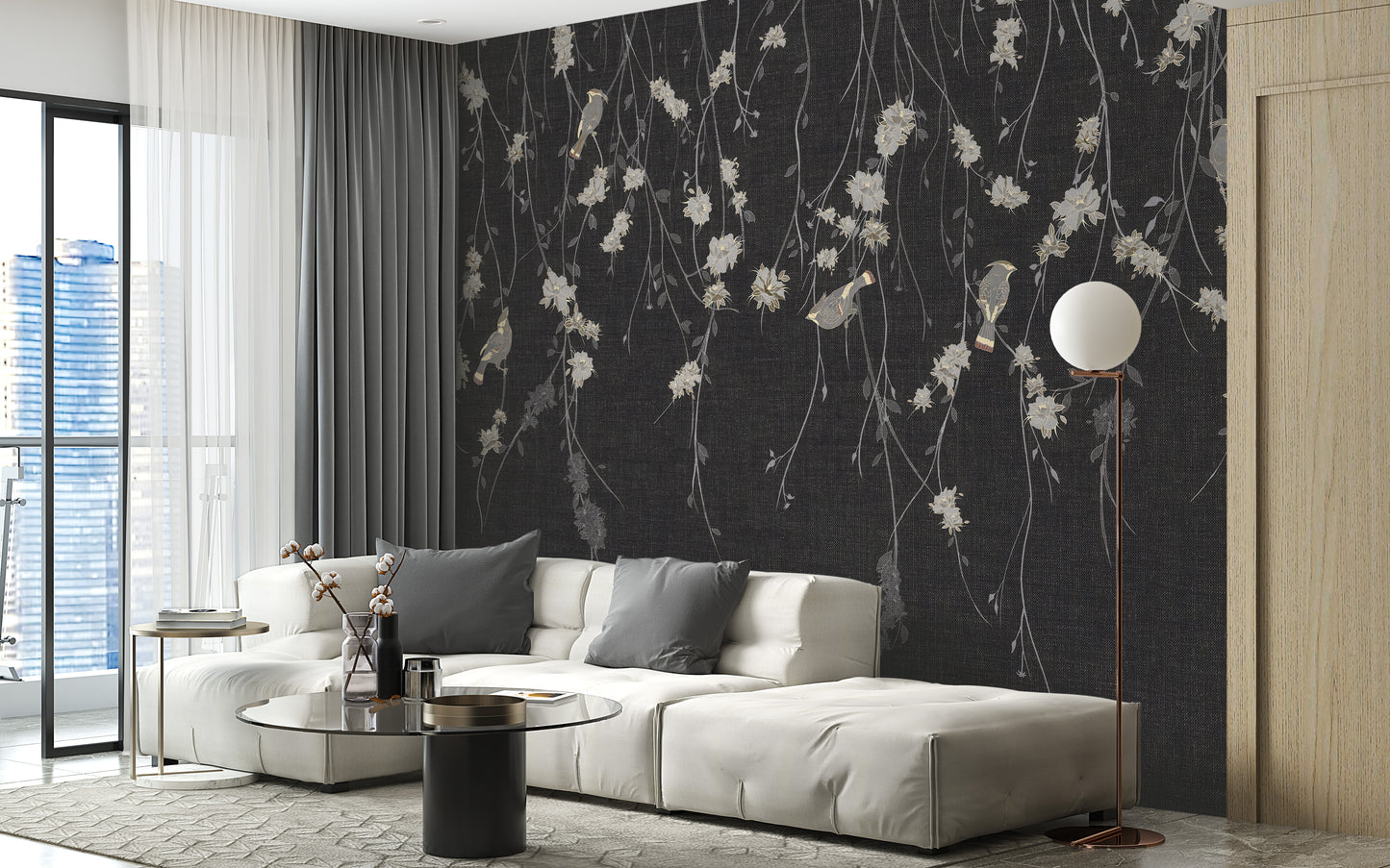 Beautiful Dark Black Flowers & Birds Wallpaper Mural