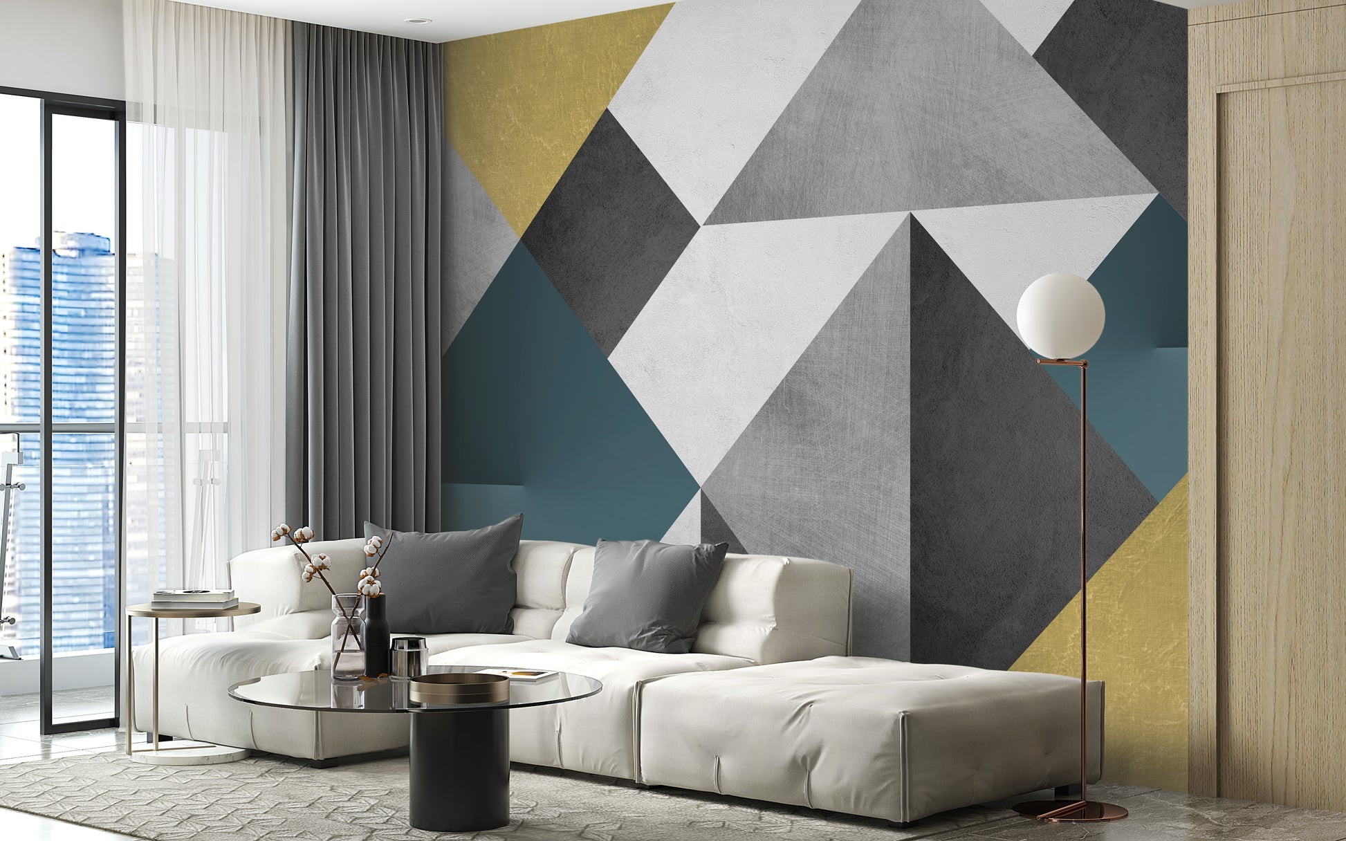 Blue & Yellow Abstract Geometric Multicolor Triangle Wallpaper Mural - Giffywalls