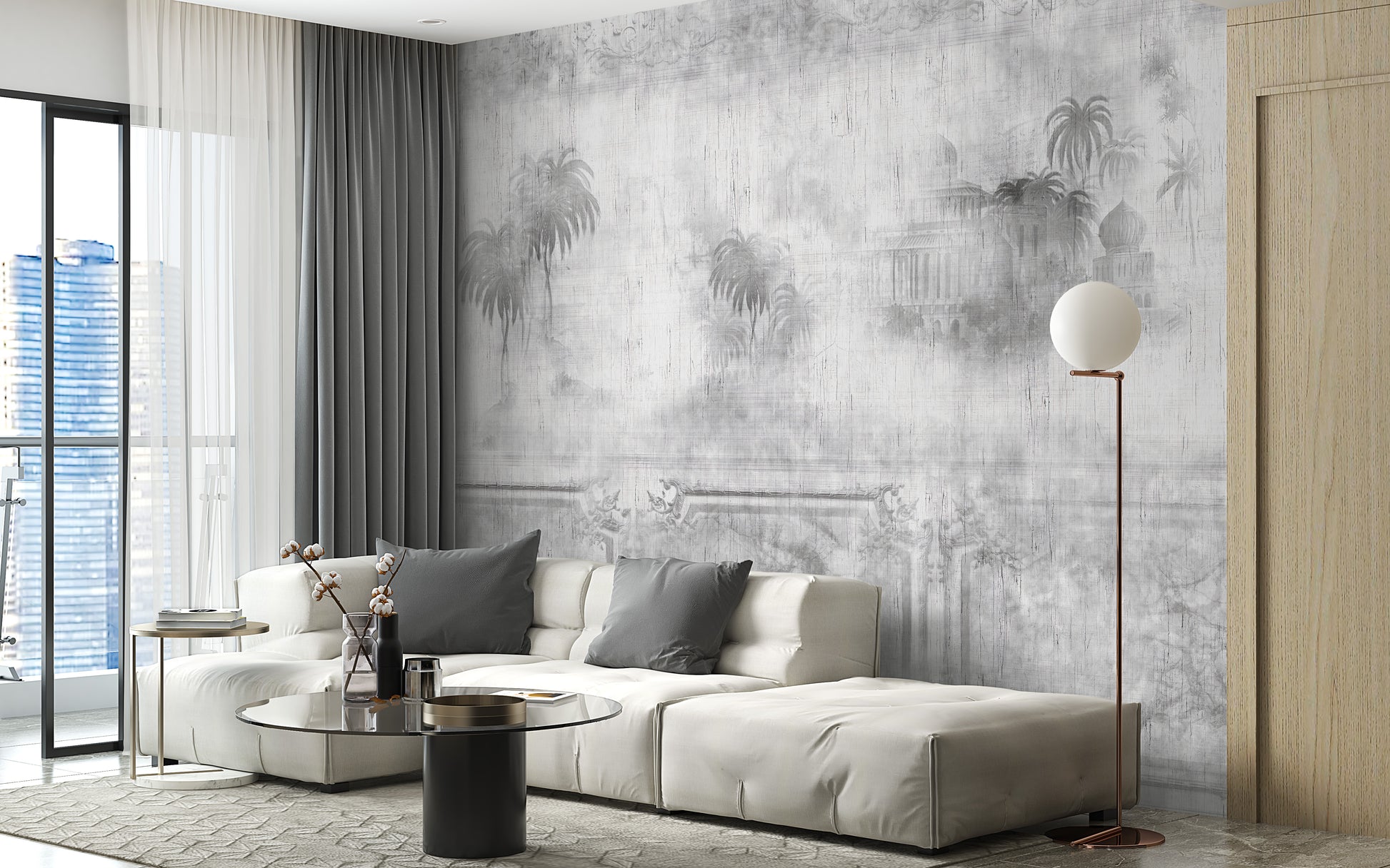 Foggy trees in retro gray wall mural design
