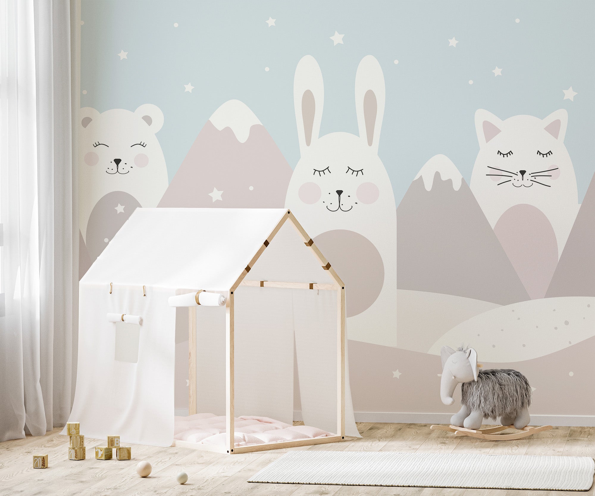 Cute bunny, bear, and cat mural for kids