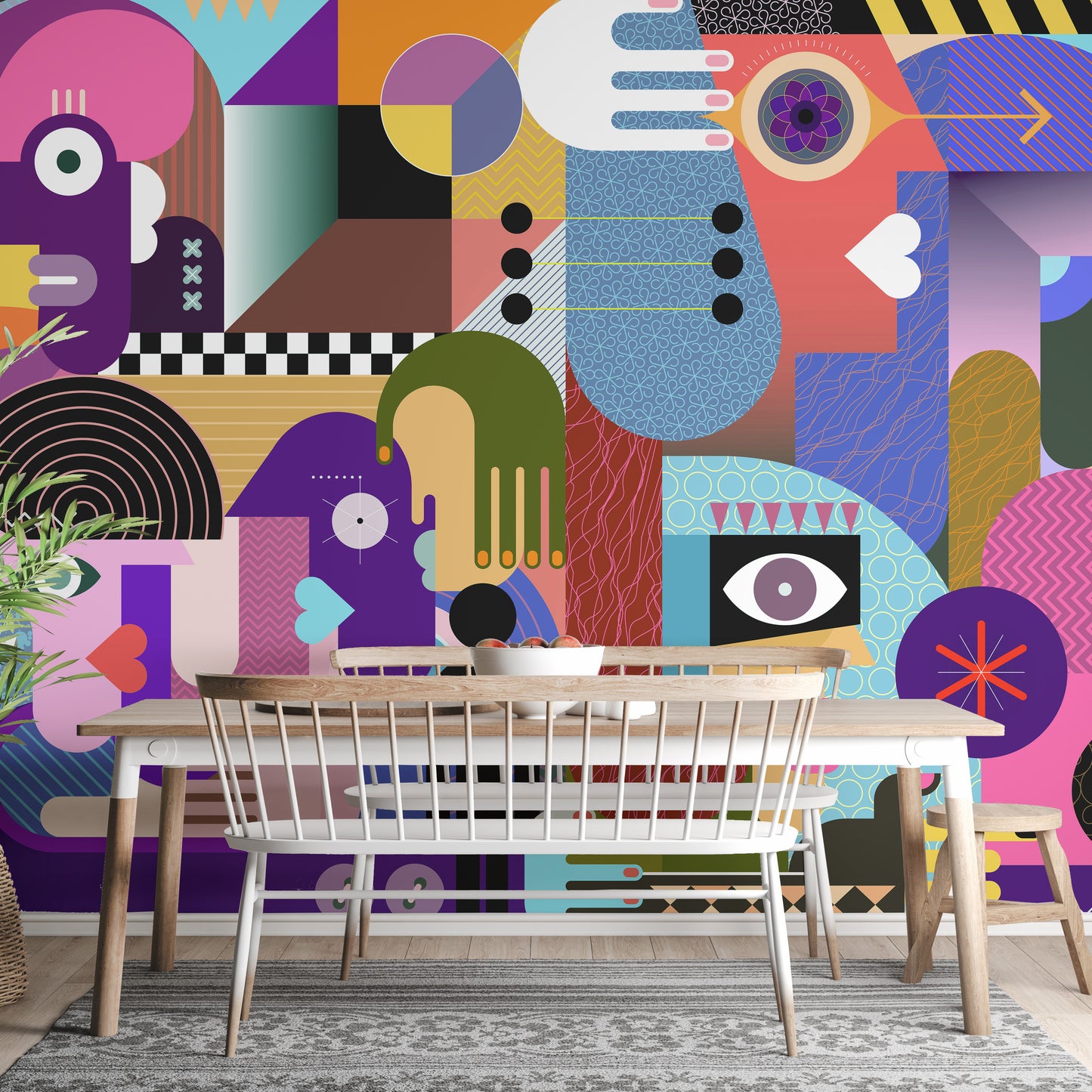 Vibrant abstract faces wall mural wallpaper for living spaces.