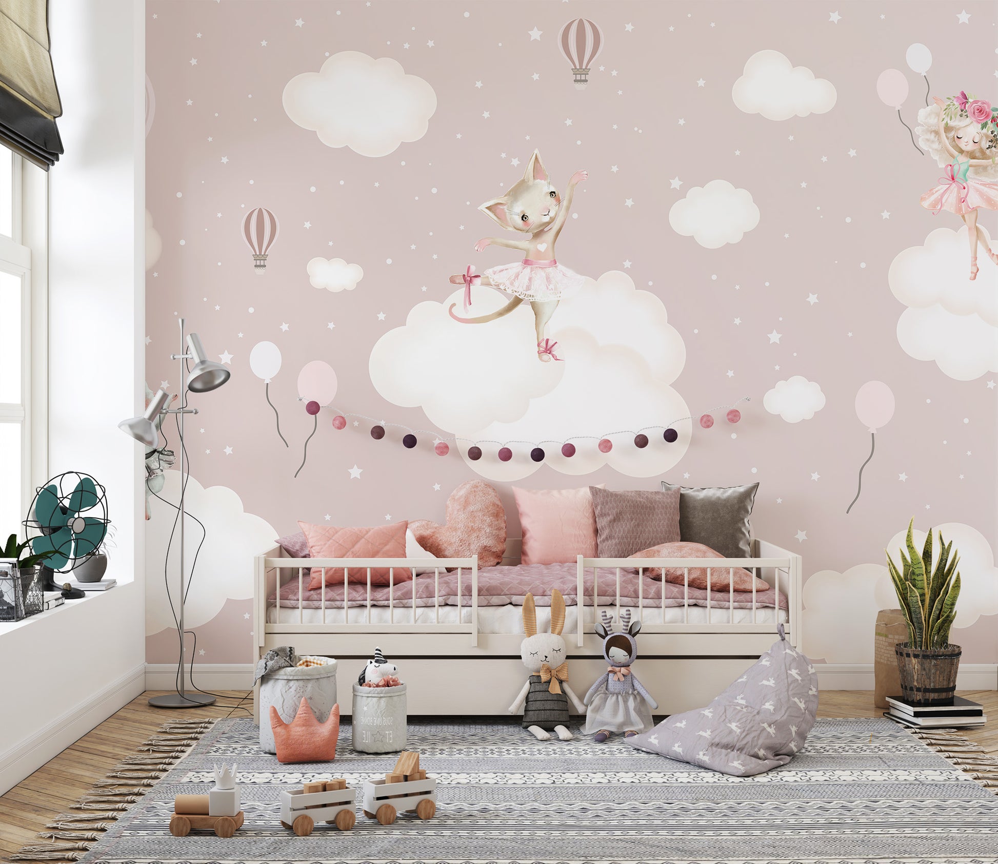 Pastel enchanted cloud mural with playful characters